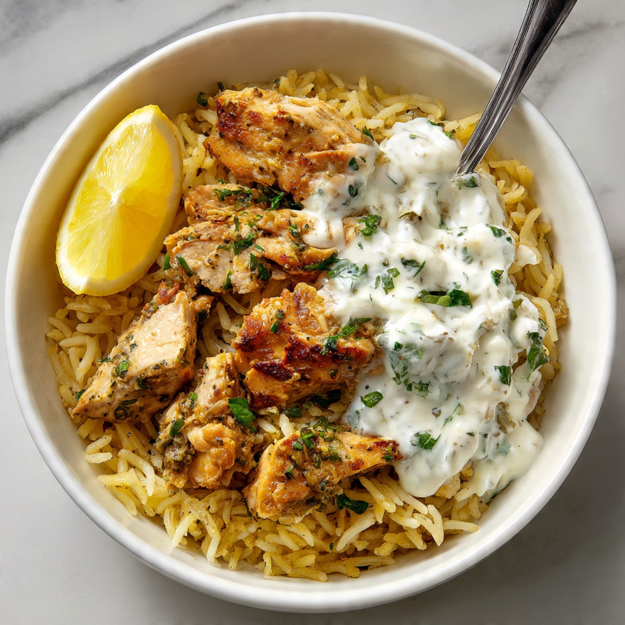 A white bowl filled with three layers: the bottom layer is soft, yellowish rice with a slightly sticky texture, the middle layer consists of several pieces of orange-brown cooked chicken with visible herbs and spices, and the top layer shows a dollop of thick white sauce with green herb bits scattered over it. A lemon wedge with bright yellow skin rests on the left side of the bowl, and a spoon is partially inside the rice, placed on a white marbled surface photo taken with an iphone --ar 4:5 --v 7