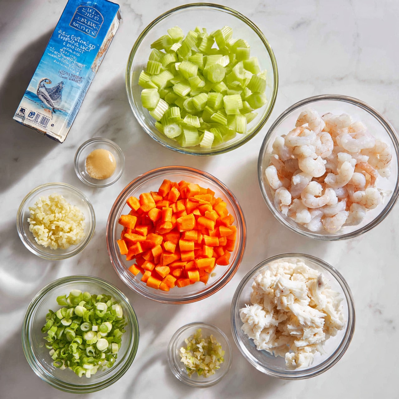 The image shows several clear glass bowls arranged on a white marbled surface. One large bowl at the top holds chopped light green celery. Below it, a slightly smaller bowl contains peeled raw shrimp with a white and translucent texture. To the right, another medium bowl is filled with white crab meat, fluffy in texture. Next to the crab meat, a large bowl has bright orange diced carrots. Below the shrimp, two small bowls contain chopped green onions: one with light green sections and the other with darker green parts. In the center, a tiny glass bowl holds finely chopped pale yellow garlic. On the left side, there is a blue and white carton of seafood stock with text on it, and on the right, a bottle of white wine laying on its side, along with a tube of tomato paste. The whole setup is well-lit and clear. photo taken with an iphone --ar 4:5 --v 7