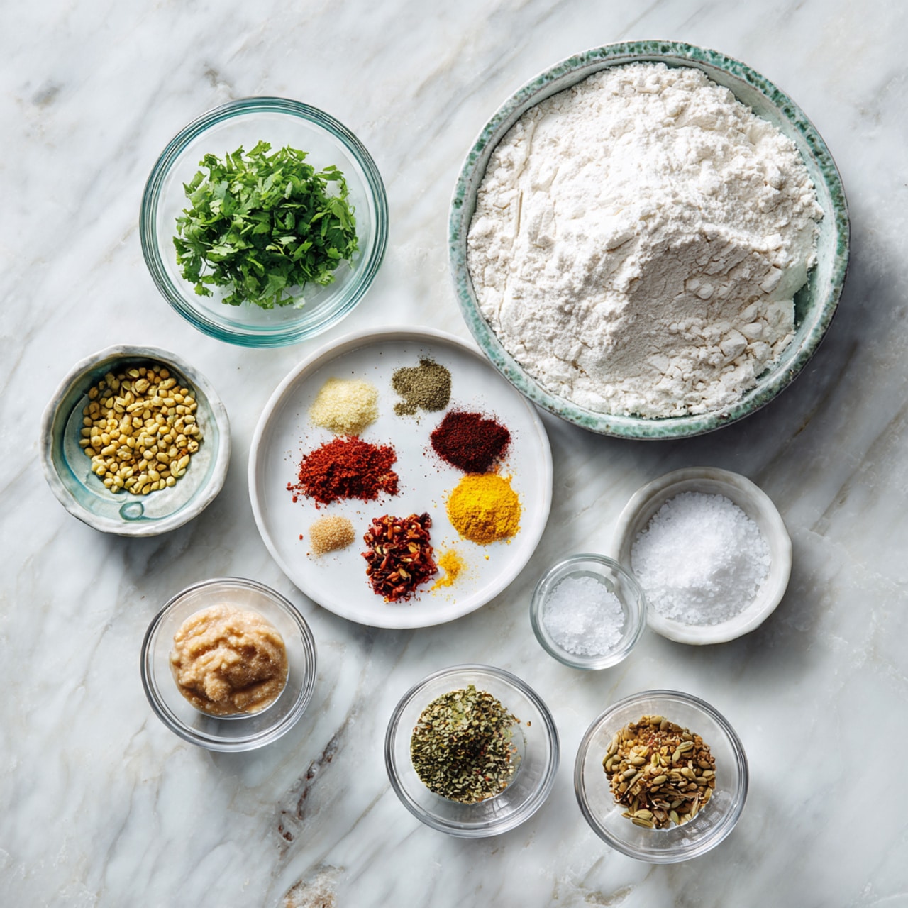 The image shows several small bowls and plates with different cooking ingredients arranged neatly on a white marbled surface. At the top right, there is a large bowl filled with white flour. Below it, on the left, is a small glass bowl with fresh green chopped herbs. To its right, a white plate holds small piles of colorful spices including red chili flakes, paprika, salt, turmeric, and mixed ground spices, arranged in a circle. Next to it, another white plate contains whole yellow and brown seeds, likely spices like coriander, cumin, and fennel. Below this, there are three small clear glass cups with a light brown paste, chopped green chilies, and dried seeds inside. Another small clear glass cup holds white salt. The overall presentation is clean, with a variety of textures and colors clearly separated. Photo taken with an iphone --ar 4:5 --v 7