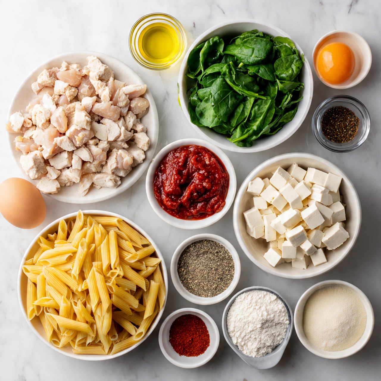 The image shows several white bowls and plates on a white marbled surface, each holding different ingredients. There is one white plate filled with raw, diced chicken pieces, a white bowl full of fresh green spinach leaves, another white bowl with small white cubes of tofu, and a large white bowl filled with uncooked yellow penne pasta. Surrounding the bowls are small glass containers with light yellow olive oil, dark red crushed dried peppers, thick red tomato sauce, and some ground black pepper. There is also a small glass bowl with a raw egg, a white bowl of white flour, a white bowl with coarse salt, a whole white onion, and a container of red paprika powder. All the ingredients are neatly arranged and clearly visible. Photo taken with an iphone --ar 4:5 --v 7