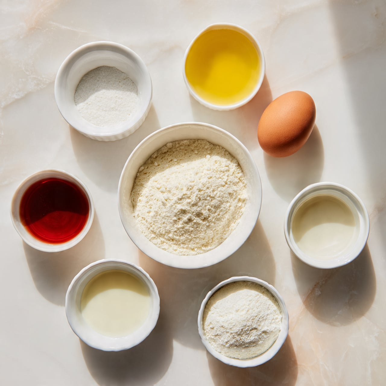 The image shows seven ingredients placed neatly on a white marbled surface. In the center, there is a white bowl filled with a white powder that looks like flour. Surrounding it are smaller white bowls and containers: one with a clear yellow liquid, one with a reddish liquid, one with a whole brown egg, one with a white powdery substance, one with a white creamy liquid, and one small ramekin with a white powdery content. Everything is arranged in a clean, simple way with soft natural light. Photo taken with an iphone --ar 4:5 --v 7