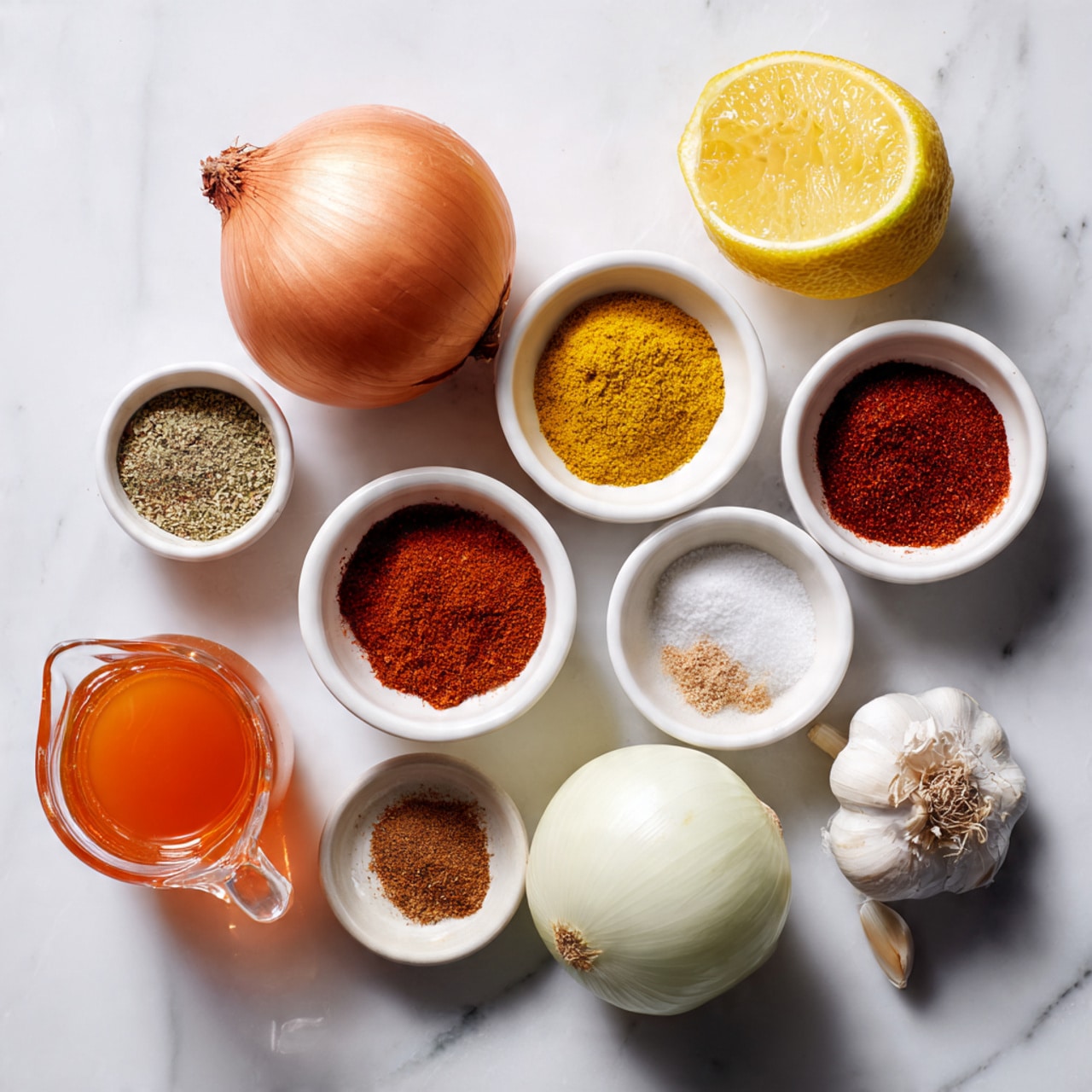 The image shows various ingredients placed on a white marbled surface. There is a large white onion in the center surrounded by small white bowls containing different spices with colors like yellow, red, brown, and white. To the side, there is a whole garlic bulb, a lemon, and a lime. A clear glass jug with orange liquid and another small clear glass cup with a reddish spice are also visible. The items are neatly arranged, showing a mix of solid ingredients and powders with diverse textures. photo taken with an iphone --ar 4:5 --v 7