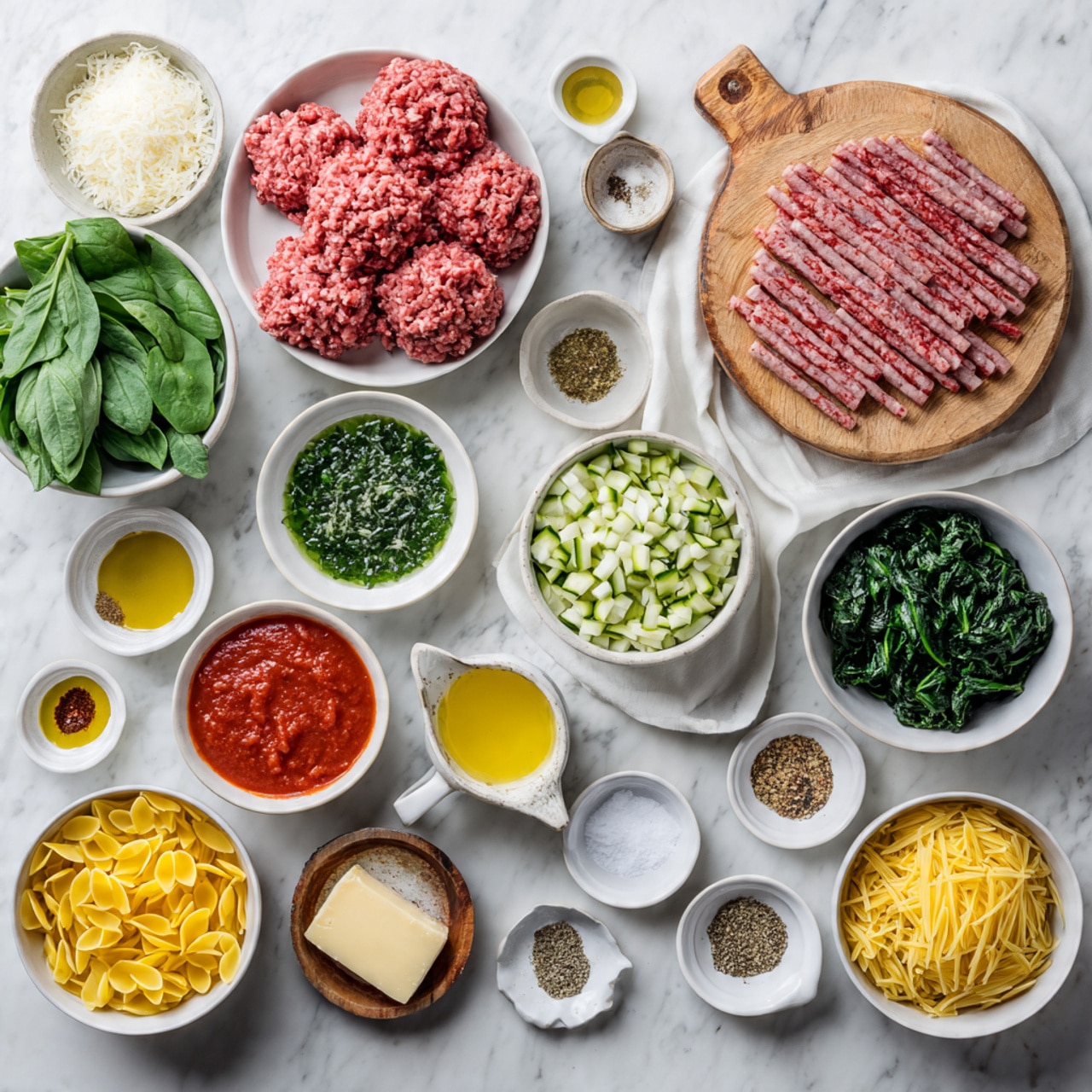 The image shows many small white bowls and dishes arranged on a white marbled surface. In the middle top area, there is raw ground meat shaped in lines on a round board with a bowl full of uncooked sausages below it. Around these, there are bowls with green chopped herbs, a bowl with chopped zucchini, finely chopped white onions, and spinach leaves. Other small bowls hold yellow pasta, red tomato sauce, a measuring cup with yellow broth, tomato paste, and grated cheese. There are also tiny dishes with olive oil, butter, different dry spices, salt, black pepper, and white powder-like ingredients. Everything is neatly arranged in an organized way. photo taken with an iphone --ar 4:5 --v 7
