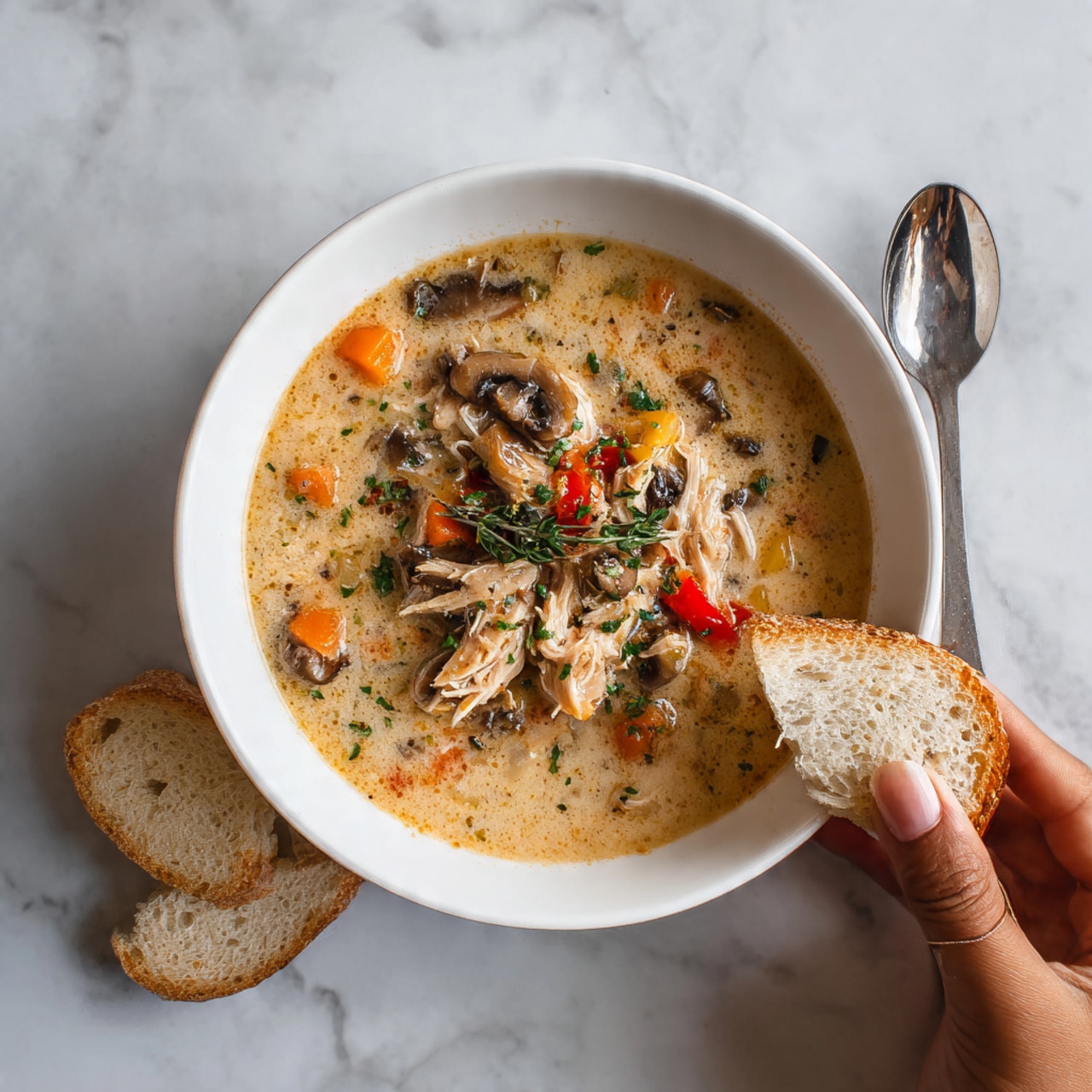 The image shows a white bowl filled with a thick soup that has layers of ingredients. The bottom layer is creamy and light brown. On top, there are colorful pieces of vegetables like orange carrots, red peppers, and sliced mushrooms. There are also chunks of shredded chicken mixed in. The bowl is placed on a white marbled surface. Near the bowl, there is a silver spoon and two slices of bread. A woman's hand is holding one slice of bread. The photo has soft daylight lighting and a peaceful feel. photo taken with an iphone --ar 4:5 --v 7