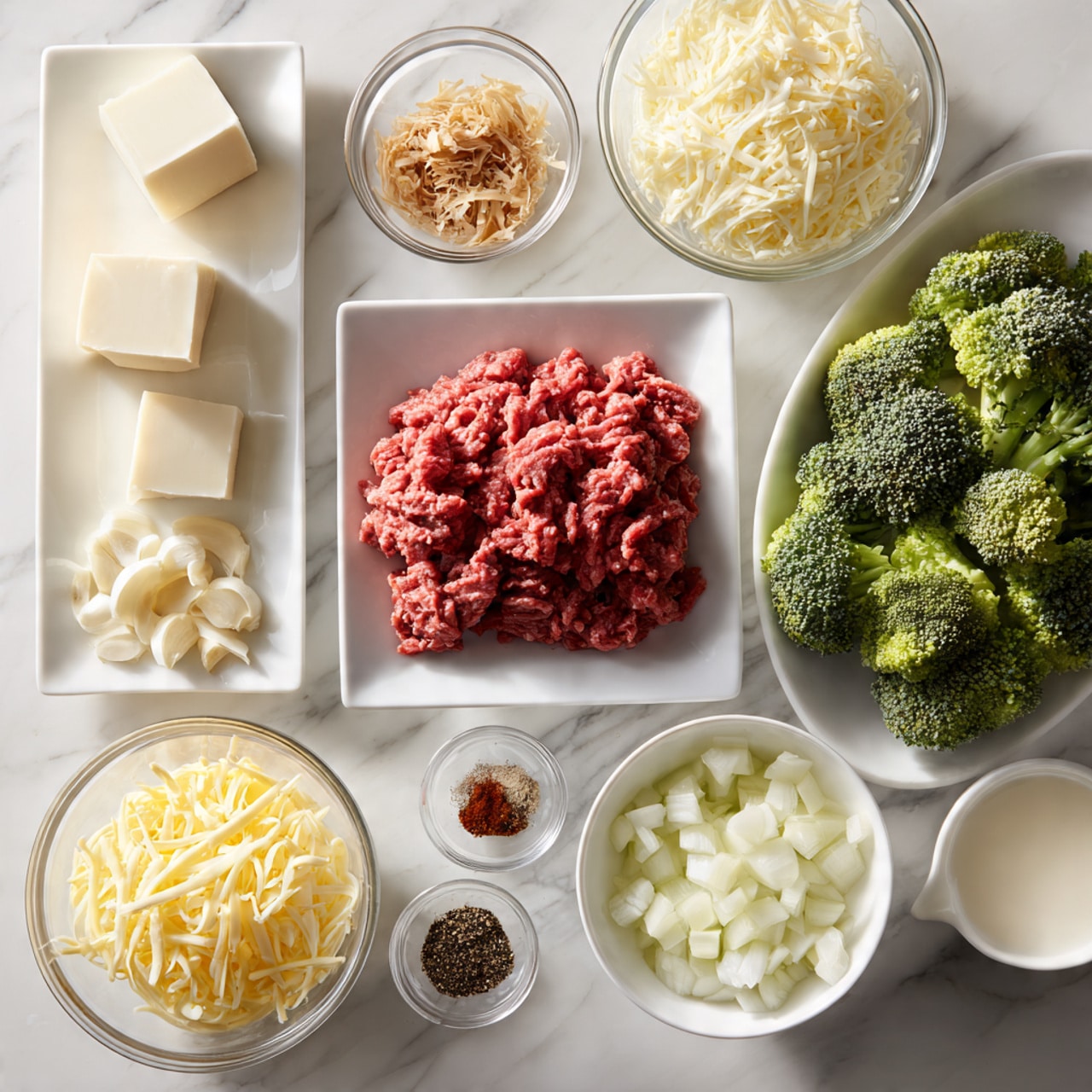 The image shows a white marbled surface with several clear glass bowls and white plates arranged neatly. There is a rectangular white plate with white blocks of cheese in the top left corner, a small clear bowl with brownish shredded cheese next to it, a larger white plate filled with bright red raw ground meat in the center, and a square white bowl full of fresh green broccoli florets on the top right. Along the bottom row, there is a small white plate with minced garlic on the left, a bigger white bowl with shredded pale yellow cheese next to it, a small white plate holding mixed spices like black pepper and crushed red flakes in the center, a small bowl of diced white onions to the right, and a small bowl with white cream or milk on the far right. The lighting is soft and natural, and the photo taken with an iphone --ar 4:5 --v 7