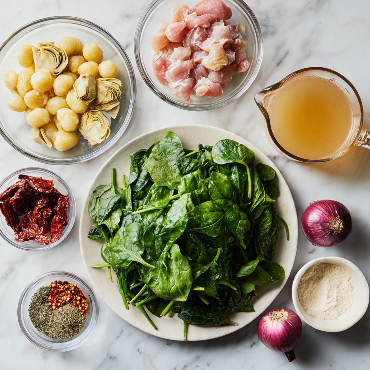 A white plate filled with fresh, bright green spinach leaves is placed in the center on a white marbled surface. Surrounding it are several clear glass bowls: one with pale artichoke hearts, one with small pale yellow gnocchi, one with raw pink chicken pieces, one with dark red sun-dried tomatoes, and one with two small purple shallots and two cloves of garlic. A clear measuring cup with light brown broth is on the right side. There are also small white bowls with fine white flour, light yellow butter, grated cheese, and mixed dried herbs with red pepper flakes arranged neatly around the spinach plate. Photo taken with an iphone --ar 4:5 --v 7