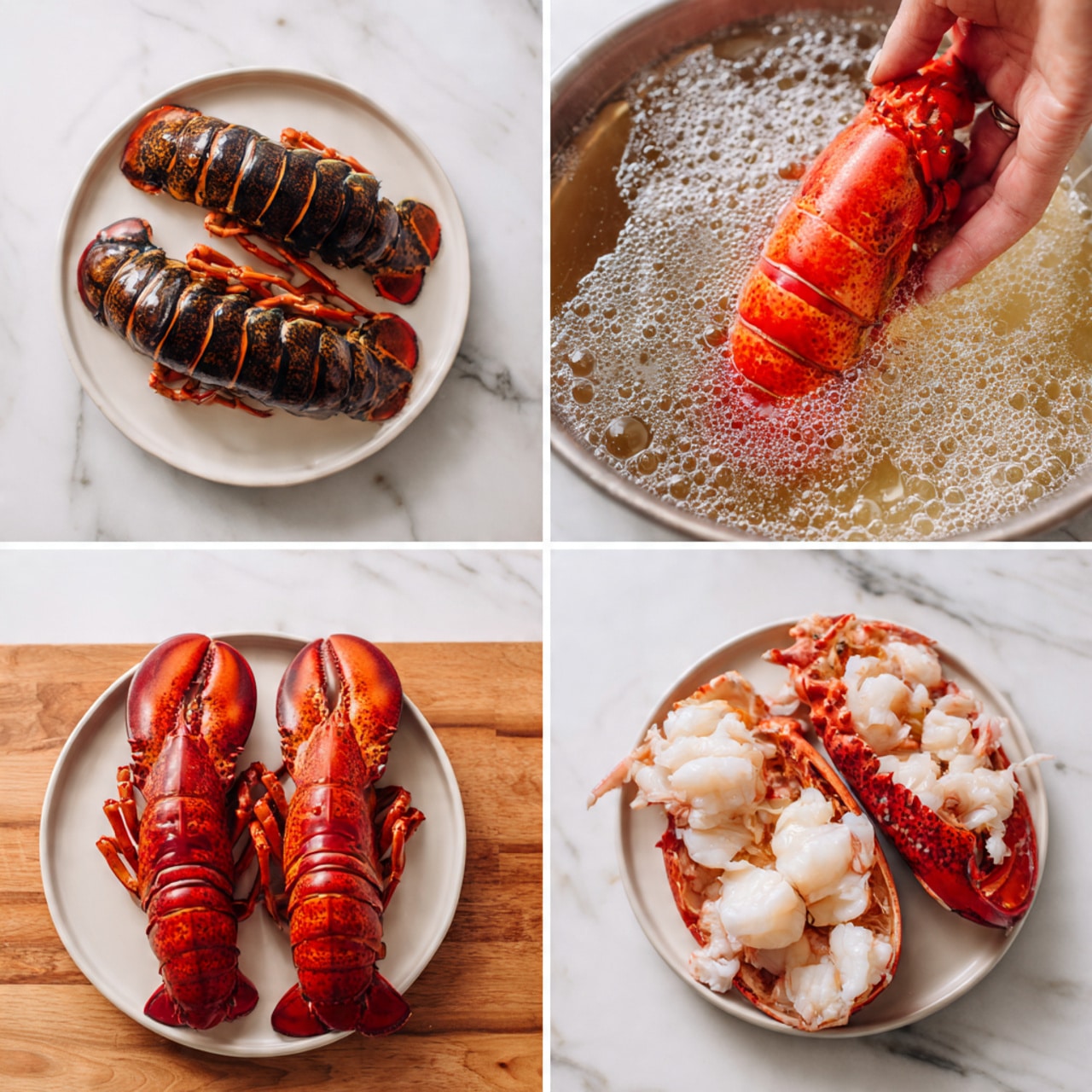 The image shows four sections arranged in a square, each showing a step of preparing lobster. The top left section displays two raw lobster tails with dark brown and black shells on a white plate. The top right section shows a bright red cooked lobster tail being held by a woman's hand over water with white bubbling. The bottom left section shows two fully cooked lobster tails side by side on a light wooden surface, their shells bright red with slight texture. The bottom right section shows a cooked lobster cut open, displaying white, chunky lobster meat next to bright red shell pieces on the same wooden surface. The background throughout is a white marbled texture. photo taken with an iphone --ar 4:5 --v 7