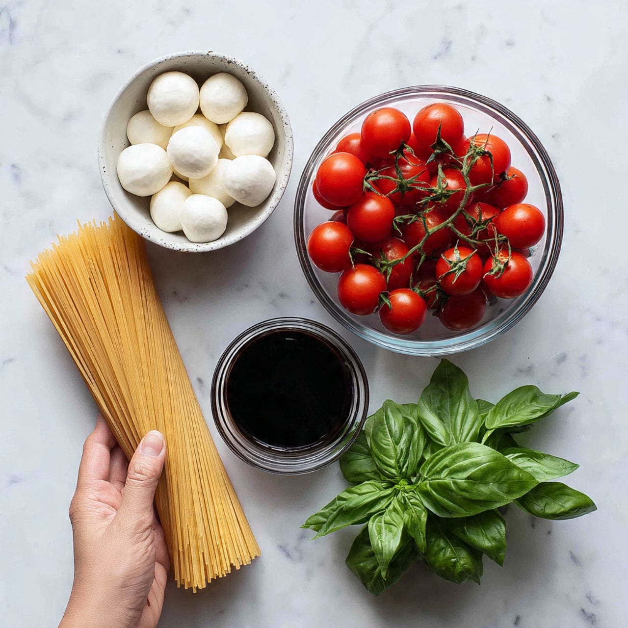 The image shows ingredients arranged neatly on a white marbled surface, including a cluster of bright red cherry tomatoes on the vine in a clear round bowl, a small clear bowl filled with smooth white mozzarella balls, a glass jar of dark balsamic vinegar, a bunch of fresh green basil leaves, and uncooked pale yellow spaghetti noodles bundled together and held by a woman's hand. The colors are vibrant with a mix of reds, greens, whites, and dark brown, creating a fresh and simple look. Photo taken with an iphone --ar 4:5 --v 7