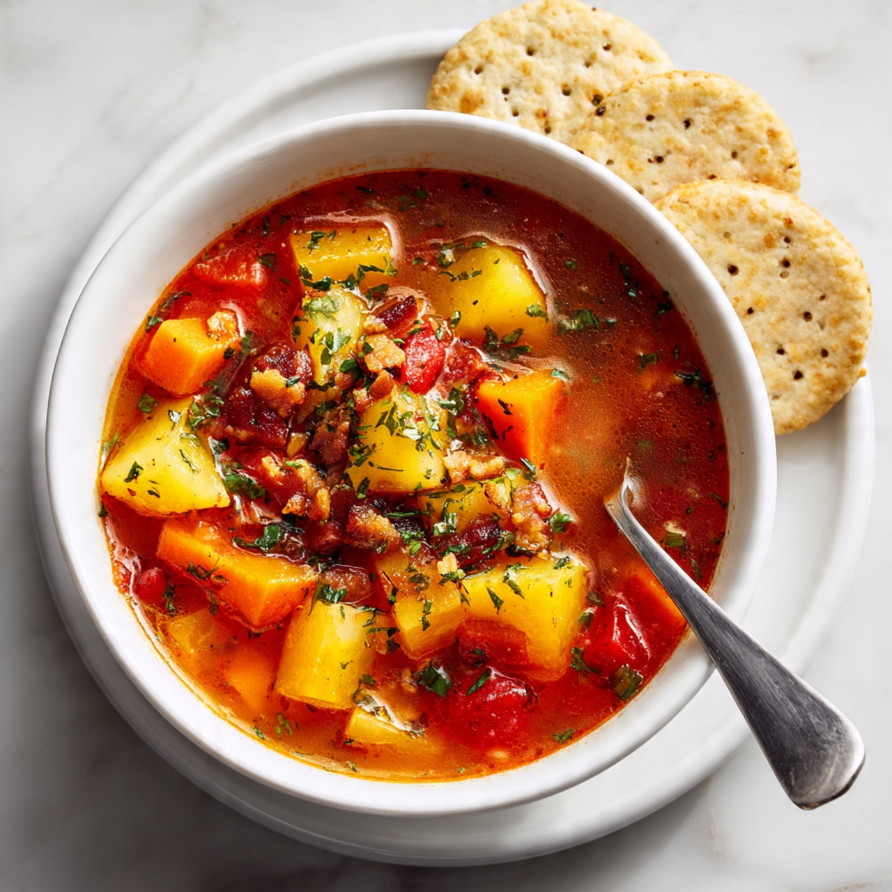 A white bowl filled with thick vegetable soup that has a clear reddish broth. Inside the soup, there are visible layers of diced yellow potatoes, orange carrots, and pieces of red tomatoes, along with some herbs sprinkled throughout. On top of the soup, there is a layer of small white round crackers with bits of green herbs and small browned pieces, likely bacon bits. A silver spoon rests inside the bowl, partially submerged in the soup. Behind the bowl, there is a white plate with light golden, round biscuits that have a slightly rough texture, placed on a white marbled surface photo taken with an iphone --ar 4:5 --v 7