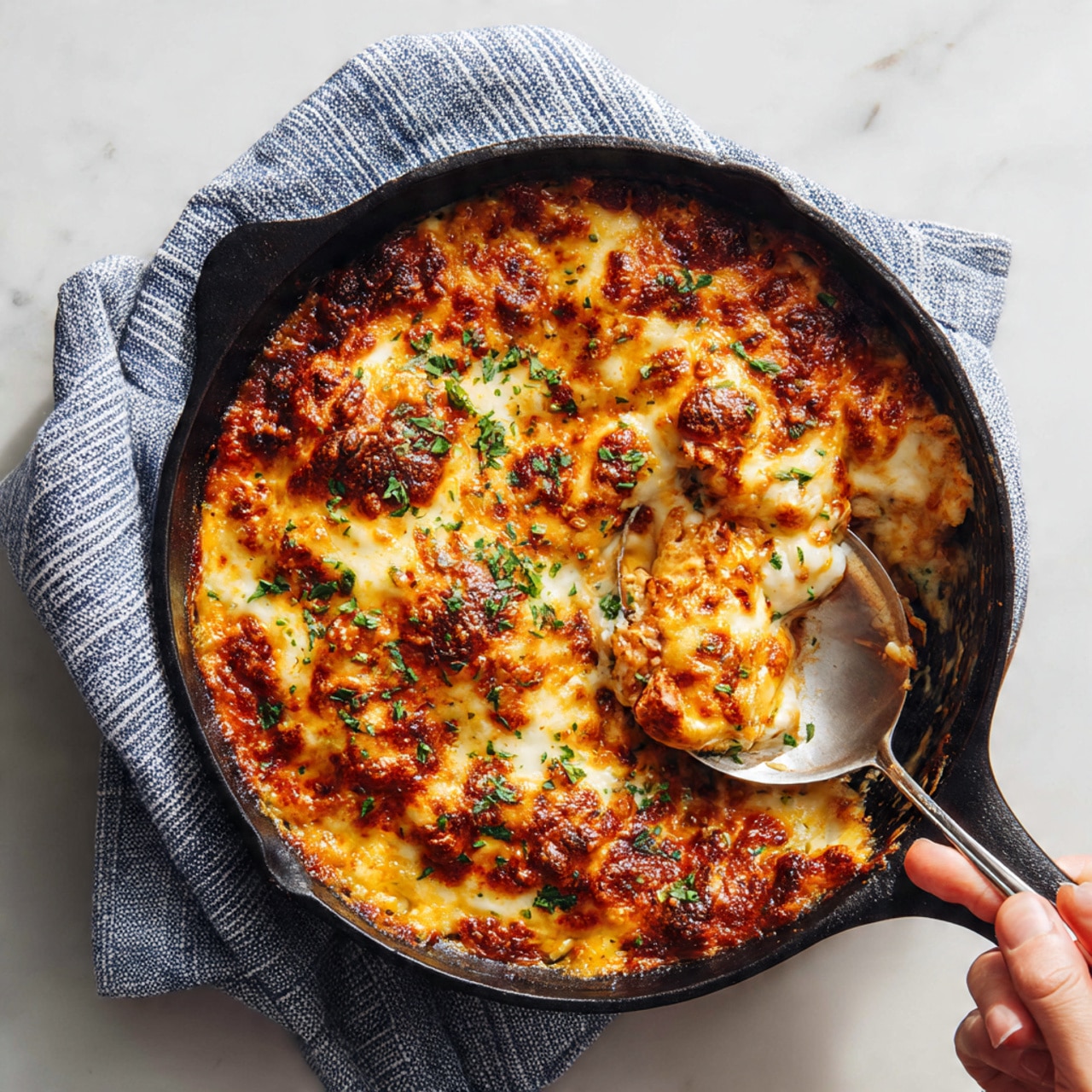A round black cast iron pan holds a dish with multiple layers of melted cheese that is golden orange on top, slightly browned, and bubbly in texture. Small bits of green herbs are sprinkled across the surface, adding a touch of color. A large silver spoon is partially inside the dish on the right side, with a woman's hand reaching in to scoop some out. The pan sits on a soft blue and white striped cloth, all placed on a white marbled surface. photo taken with an iphone --ar 4:5 --v 7