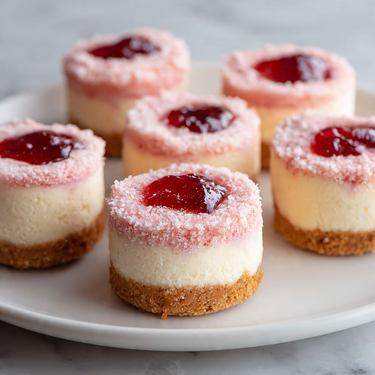 A white plate holds several small round cheesecakes with a crumbly light brown base. Each cheesecake has a smooth, creamy off-white layer on top of the base, and in the middle of this layer, there is a bright red jelly or fruit filling. On top of each cheesecake, there is a crumbly pink topping that looks soft and slightly powdery. The cheesecakes are arranged closely together on a white marbled surface. Photo taken with an iphone --ar 4:5 --v 7