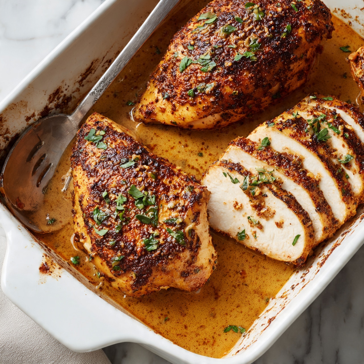 The image shows three cooked chicken pieces in a white baking dish filled with a light brown sauce. Two of the chicken pieces are sliced into thick strips, revealing white meat inside with a crispy, dark brown seasoned crust on top. The whole chicken piece is coated with the same brown seasoning and has small green herb leaves sprinkled over it. The baking dish has slightly browned edges from cooking and a silver serving fork is placed on the left side. The background surface is a white marbled texture photo taken with an iphone --ar 4:5 --v 7