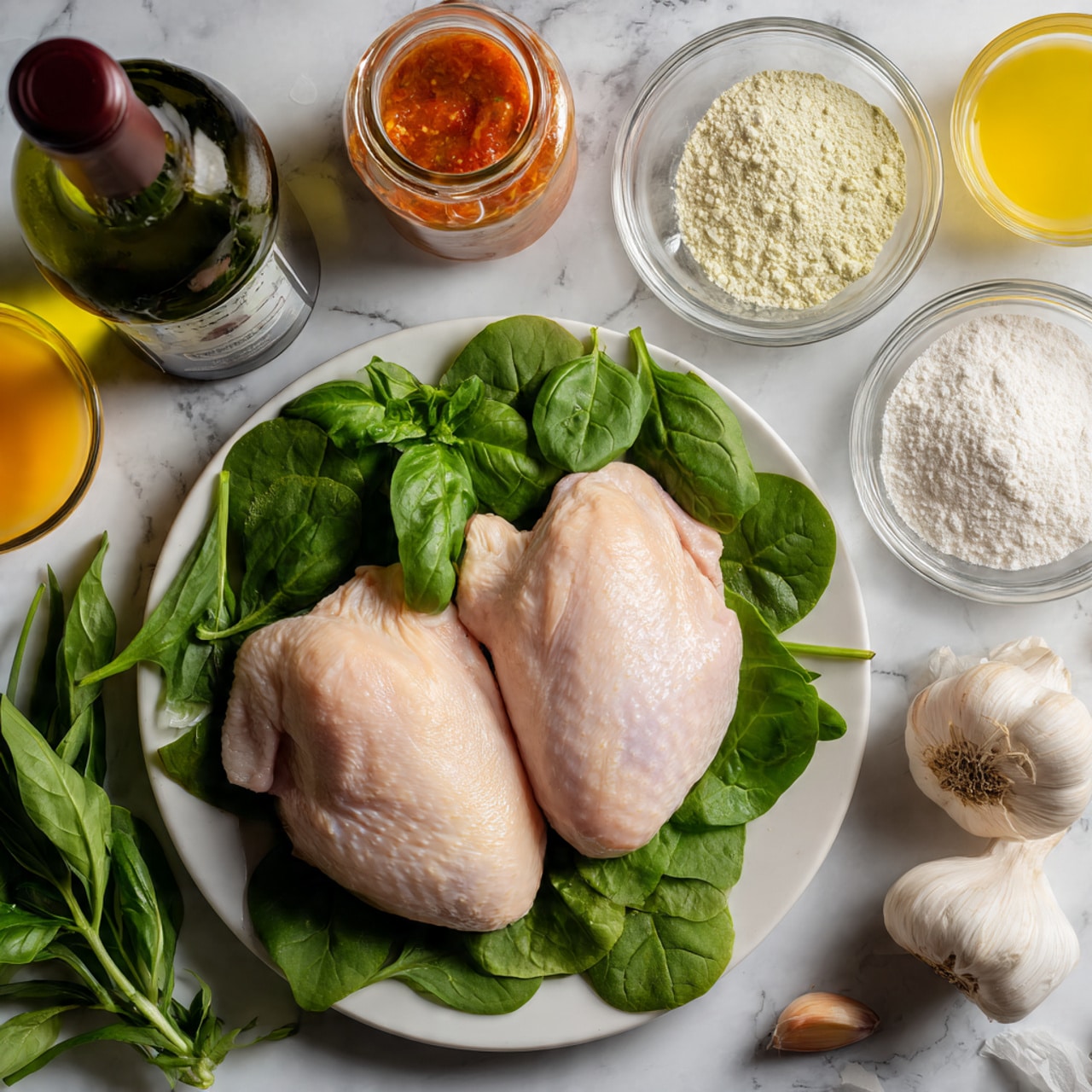 Two raw chicken pieces with pale pink skin rest side by side on a white plate filled with fresh green spinach leaves. Surrounding the plate on a black board are fresh basil sprigs with long, pointed leaves, a whole garlic bulb, a clear jar of red and yellow sauce, a bottle of greenish-white wine, a small glass bowl of light yellow juice, and two glass bowls filled with white powdery substances, all arranged neatly over a white marbled surface. Photo taken with an iphone --ar 4:5 --v 7
