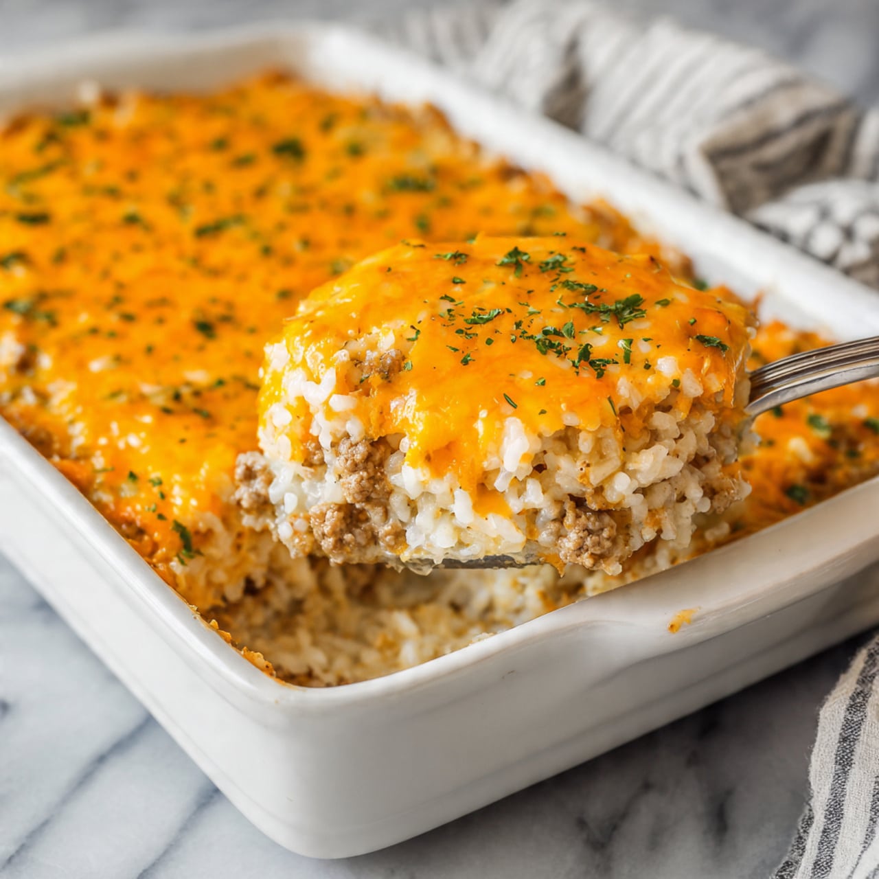 A close-up of a white rectangular dish filled with a cheesy rice casserole. The bottom layer is creamy rice mixed with cooked ground meat that is light brown in color. On top is a thick layer of melted bright orange cheese, sprinkled with small green herb pieces for garnish. A silver fork holds a scoop showing all layers clearly. The dish sits on a white marbled surface, with a blurred cloth in the background. Photo taken with an iphone --ar 4:5 --v 7