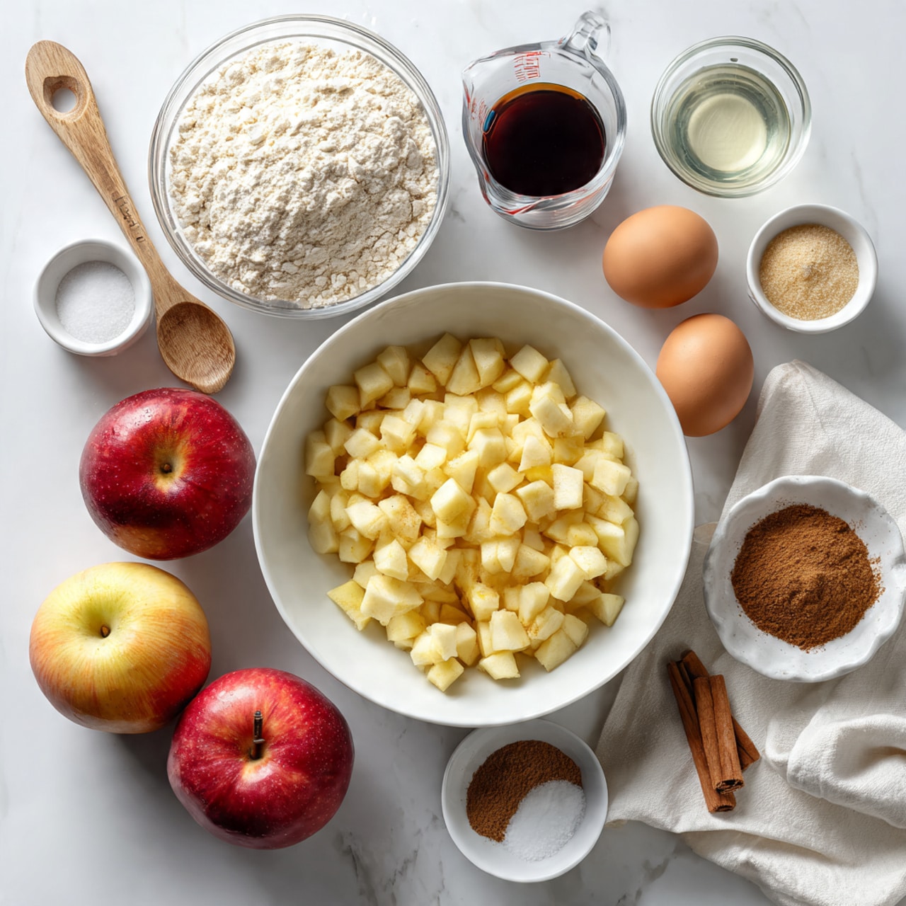 The image shows different ingredients for baking arranged neatly on a white marbled surface. There is a large white bowl filled with small, chopped apple pieces at the center. Around it, there are two whole red and yellow apples, two brown eggs, a small white bowl of brown sugar, a glass bowl of light-colored flour, and a glass measuring cup with clear liquid. Small white bowls contain ground cinnamon, salt, and another brown spice, while a small glass holds dark syrup. Also visible is a wooden spoon resting on a white cloth near the apples. The colors are warm and soft with a clean and organized look. Photo taken with an iphone --ar 4:5 --v 7
