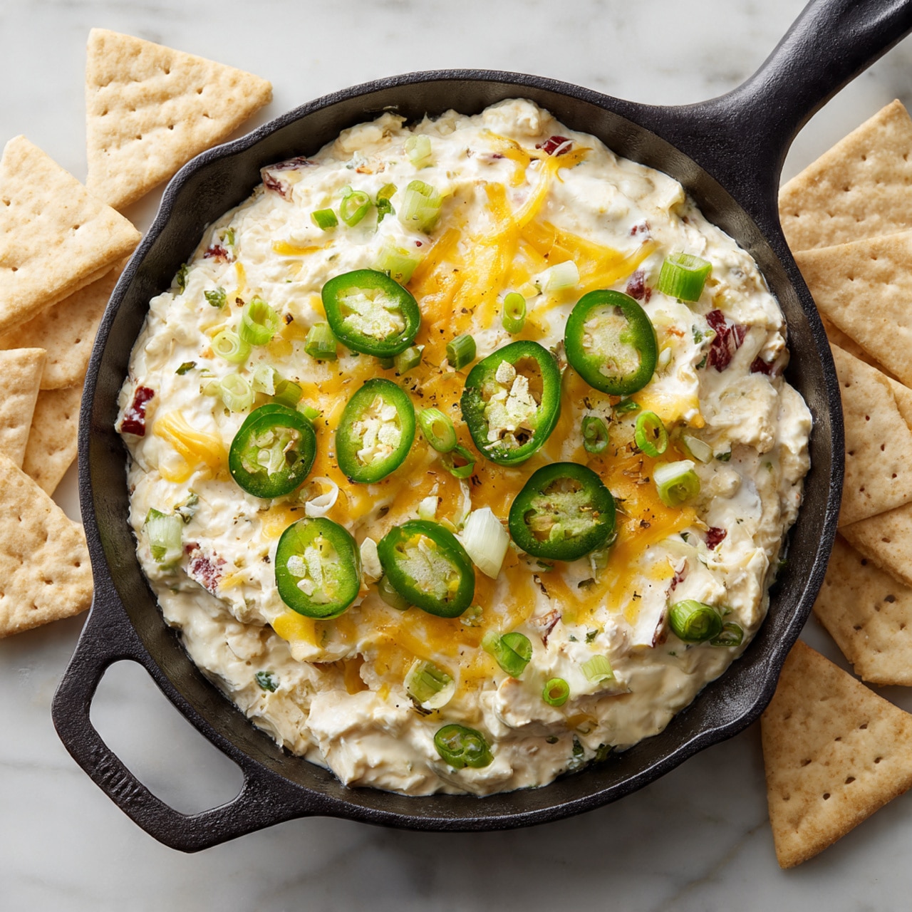 A black cast iron skillet filled with layered creamy dip topped with melted yellow cheese, chopped green onions, and sliced green jalapeños sits on a white marbled surface. Around the skillet, there are unevenly arranged light beige triangular crackers, slightly rough in texture. The dip is creamy white with bits of red pieces visible inside. The photo taken with an iphone --ar 4:5 --v 7