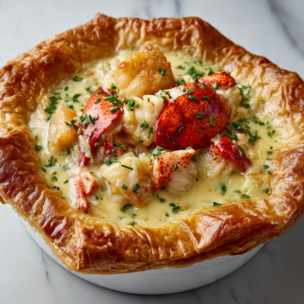 A round white dish holds a creamy lobster pot pie with a thick, golden-brown puff pastry crust baked around the edge, folding unevenly over the filling. Inside, large chunks of white lobster meat studded with bright red lobster pieces sit in a pale yellow creamy sauce sprinkled with chopped green herbs. The puff pastry crust is flaky and raised around the edges, contrasting in texture with the smooth sauce and firm lobster inside. The dish is placed on top of a white marbled surface. photo taken with an iphone --ar 4:5 --v 7