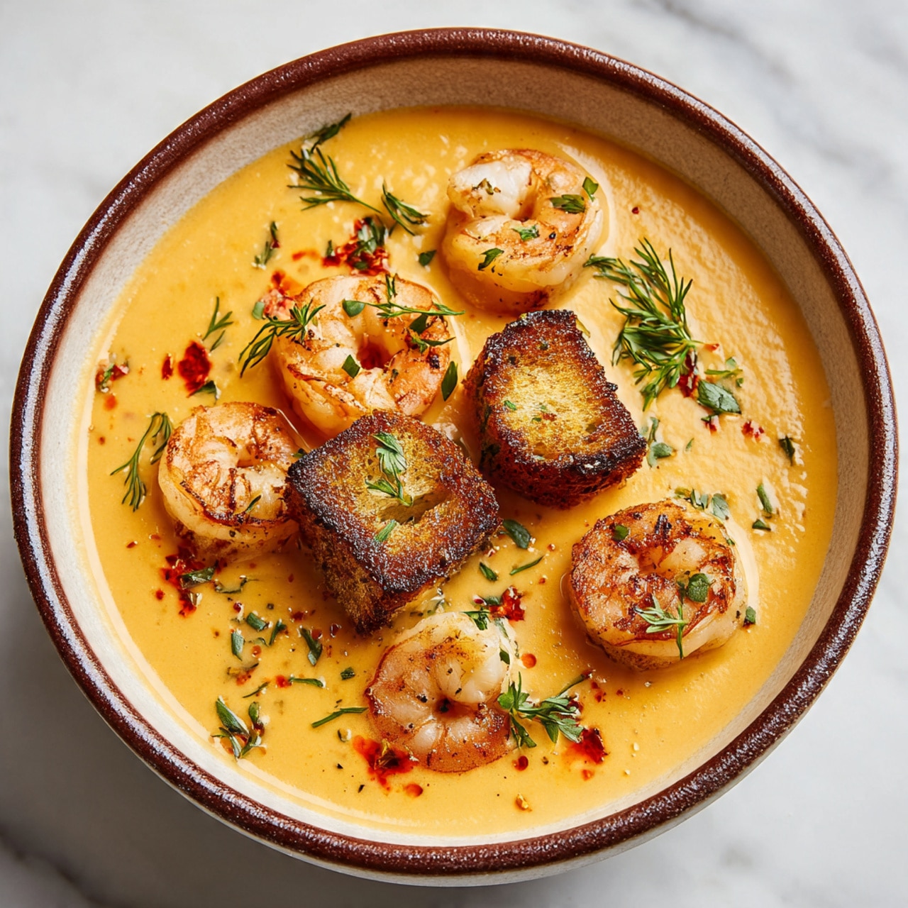 A rustic white bowl with a thick brown rim holds a creamy light orange soup. On top of the soup, there are five browned, cooked shrimp spaced evenly around the center. In the middle floats one or two small toasted golden-brown bread pieces. The soup is sprinkled with green herbs and a few red spice flakes. The bowl sits on a white marbled surface. photo taken with an iphone --ar 4:5 --v 7