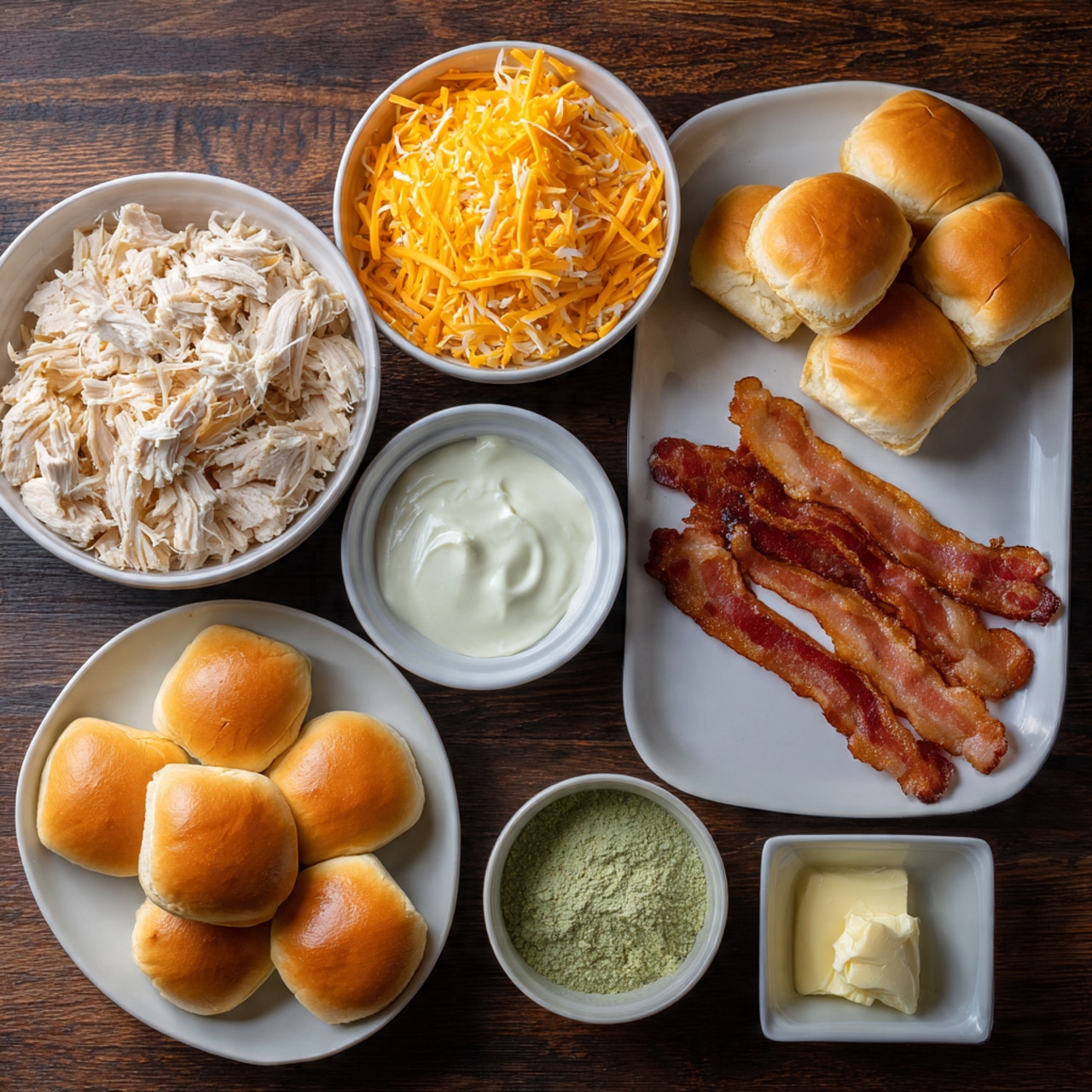 A top view of ingredients placed on a dark wooden table: a white bowl full of shredded cooked chicken pieces on the bottom left, a white bowl with orange shredded cheddar cheese above it, a small white bowl with white creamy sauce on the top left, a cluster of eight small golden sandwich buns on the top right, a white plate holding several strips of cooked crispy bacon at the center right, a small white bowl with a light green powder below the buns, and a small white bowl containing a dollop of softened butter to the lower right of the bacon plate, all arranged neatly on the surface photo taken with an iphone --ar 4:5 --v 7