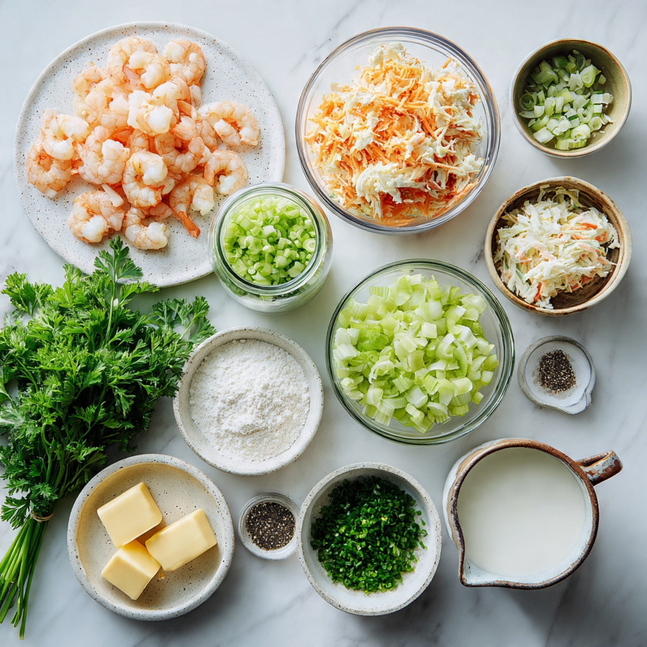 The image shows a variety of ingredients neatly arranged on a white marbled surface. In the center, there are two clear glass bowls, one filled with small pink shrimp and the other with shredded crab meat that has bits of orange color. Around these, there are smaller white bowls containing light green chopped celery, pale green sliced onions, and darker green chopped green onions. A small brown bowl holds white flour, and a small white speckled bowl has black pepper. A clear glass bowl contains three square-shaped pieces of yellow butter, placed near a white pitcher filled with milk and a small clear bowl with a white liquid, likely cream. To the left, on a white speckled round plate, there is a bunch of fresh green parsley, with a small clear jar of finely chopped green onions resting on top. photo taken with an iphone --ar 4:5 --v 7