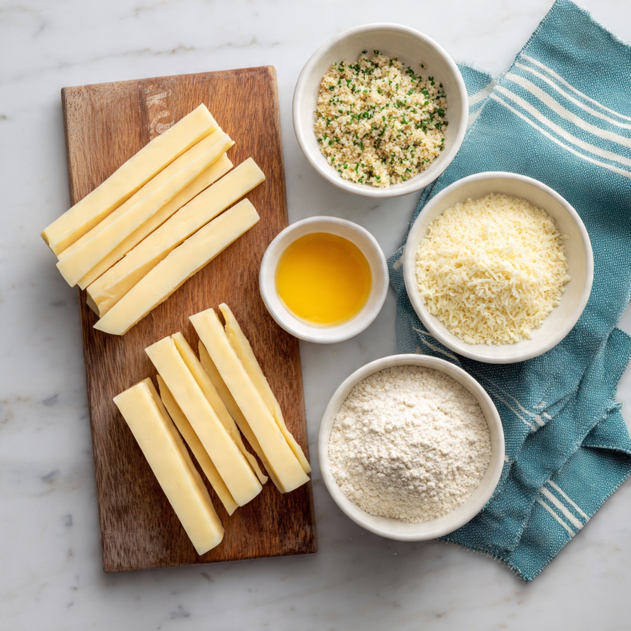 The image shows a wooden cutting board on a white marbled surface with several sticks of light yellow cheese placed vertically on the left side. Two cheese sticks are cut into halves and placed horizontally in the center of the board. Above the board, three white bowls are arranged side by side; the left bowl holds a mixture of light-colored breadcrumbs with green herbs, the middle bowl contains a beaten yellow egg mixture, and the right bowl has plain light beige flour. A teal kitchen towel with white stripes is on the right side of the image. Photo taken with an iphone --ar 4:5 --v 7