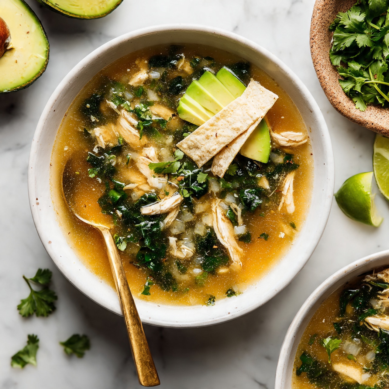 The image shows a white bowl filled with clear golden broth soup that has small pieces of white chicken, chopped dark green leafy vegetables, and bits of onion floating in it. On the right side inside the bowl, there are two white tortilla chips standing upright and a bright green avocado slice next to a few fresh cilantro leaves. A gold spoon is resting in the soup on the left side of the bowl. Around the bowl, there is half a fresh green avocado, lime halves, and some cilantro on a white marbled surface. A second dish with similar soup is partly visible on the right side. Photo taken with an iphone --ar 4:5 --v 7