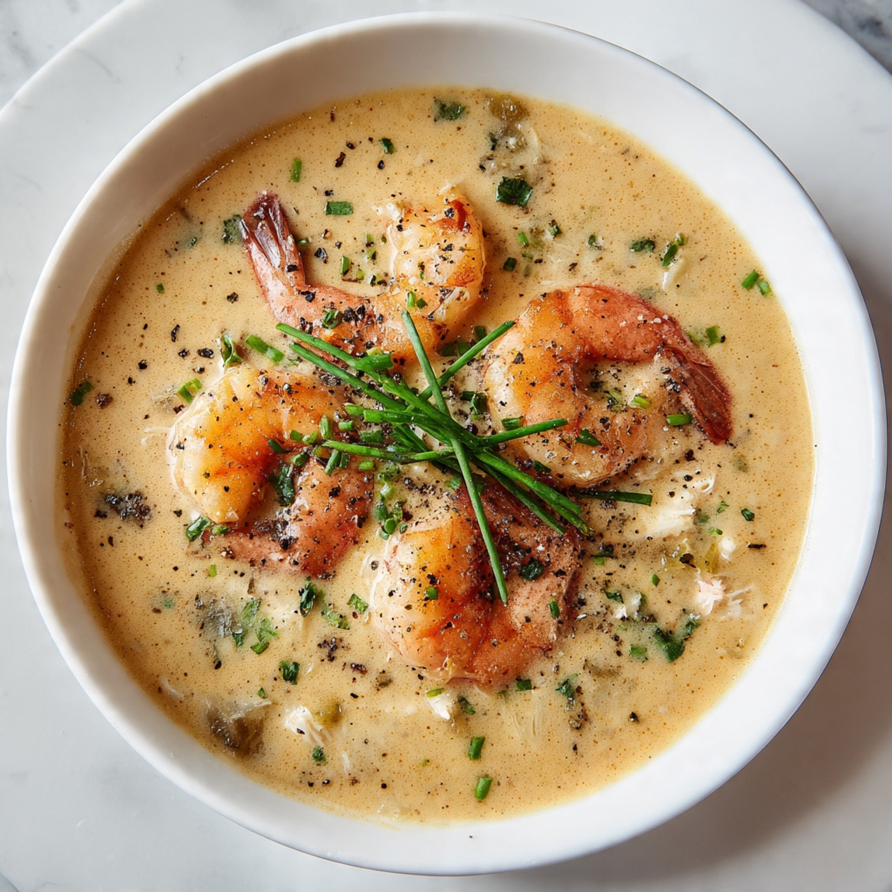 A white bowl filled with creamy soup that has an orange-beige color and thick texture, with three large orange shrimp partially submerged near the top. Bits of white crab meat and small pieces of green herbs are scattered throughout the soup. In the center, a small bunch of fresh green chives lies on top, and black pepper specks dot the surface. The bowl rests on a white marbled surface. Photo taken with an iphone --ar 4:5 --v 7