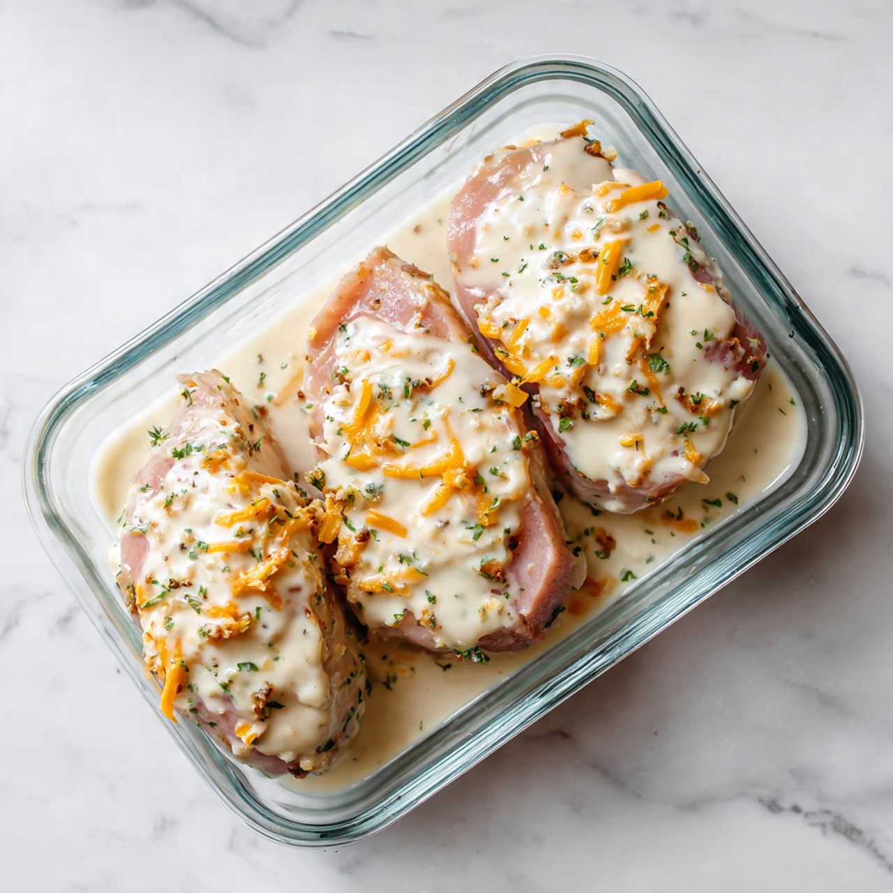 The image shows three pieces of light pink raw meat placed in a clear glass dish on a white marbled surface. Each piece is topped with a thick, creamy white sauce mixed with shredded orange cheese and small green herb bits. The sauce covers the top and sides of the meat unevenly, creating a textured, lumpy look with visible specks of color throughout. The glass dish has rounded corners and sits directly on the white marbled texture, emphasizing the contrast between the creamy sauce and the pale meat below. photo taken with an iphone --ar 4:5 --v 7