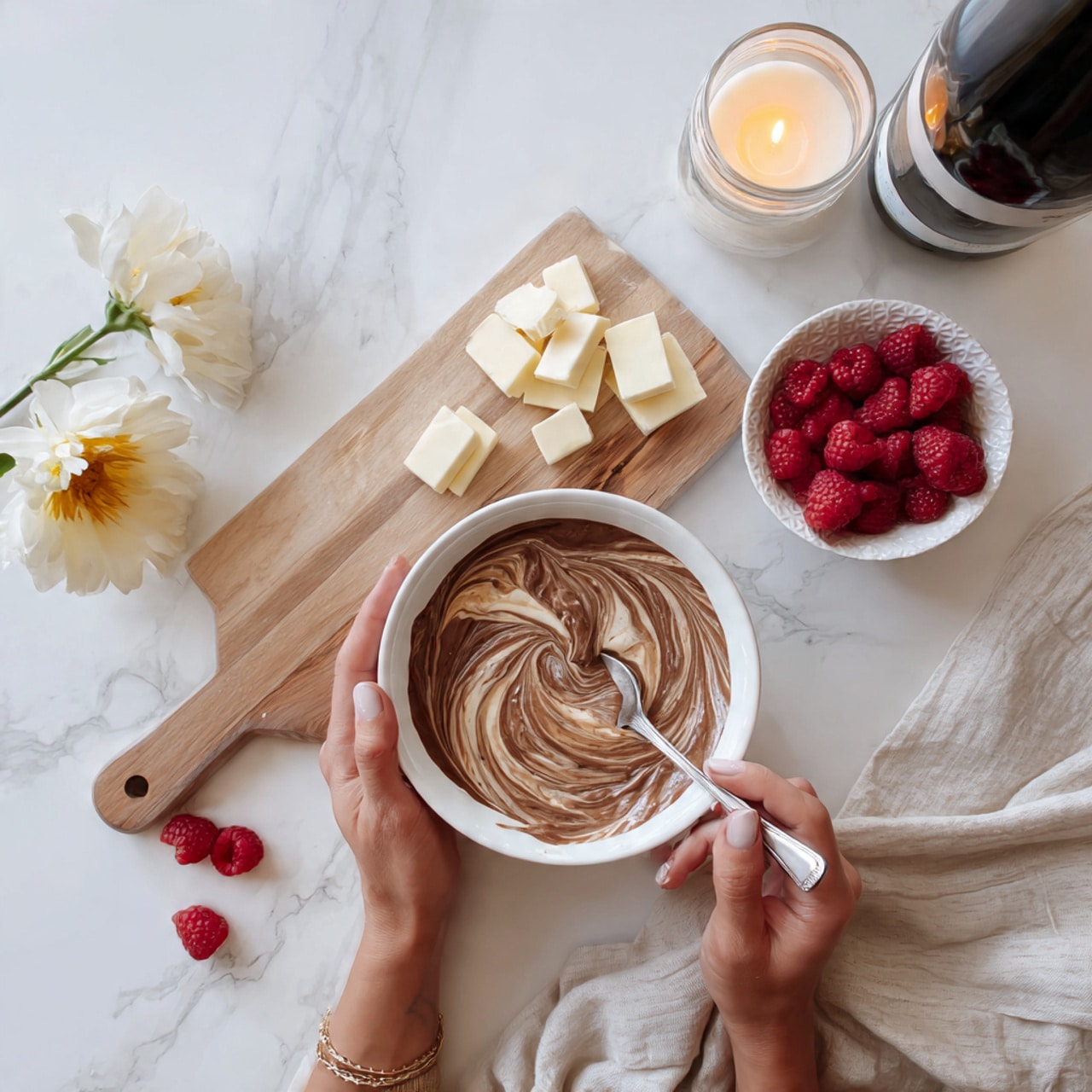 A pair of woman's hands hold a white bowl filled with a thick brown and cream swirled mixture, and one hand stirs it with a silver spoon. The bowl is above a light wooden board that holds several small pieces of white chocolate and a few fresh raspberries scattered around. Nearby is a small white textured bowl filled with raspberries and a white plate stacked with cubes of butter. Behind the board is a bottle of red wine with a glass partially filled, a stout white candle in a glass holder, and a single yellow flower resting on soft beige fabric on a white marbled surface. photo taken with an iphone --ar 4:5 --v 7