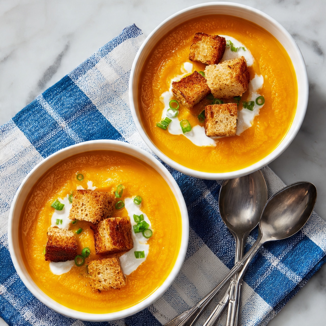 Two white bowls filled with smooth orange soup sit on a white marbled surface with a blue and white checkered cloth underneath. Each bowl has a swirl of white cream on top, with scattered small green onion pieces adding a touch of green. On one bowl, several large toasted bread cubes with a golden-brown crispy texture are piled in the center, while the other bowl has fewer toasted bread pieces floating on the soup. Next to the bowls, two silver spoons rest on the cloth. The overall scene looks fresh and inviting, photo taken with an iphone --ar 4:5 --v 7