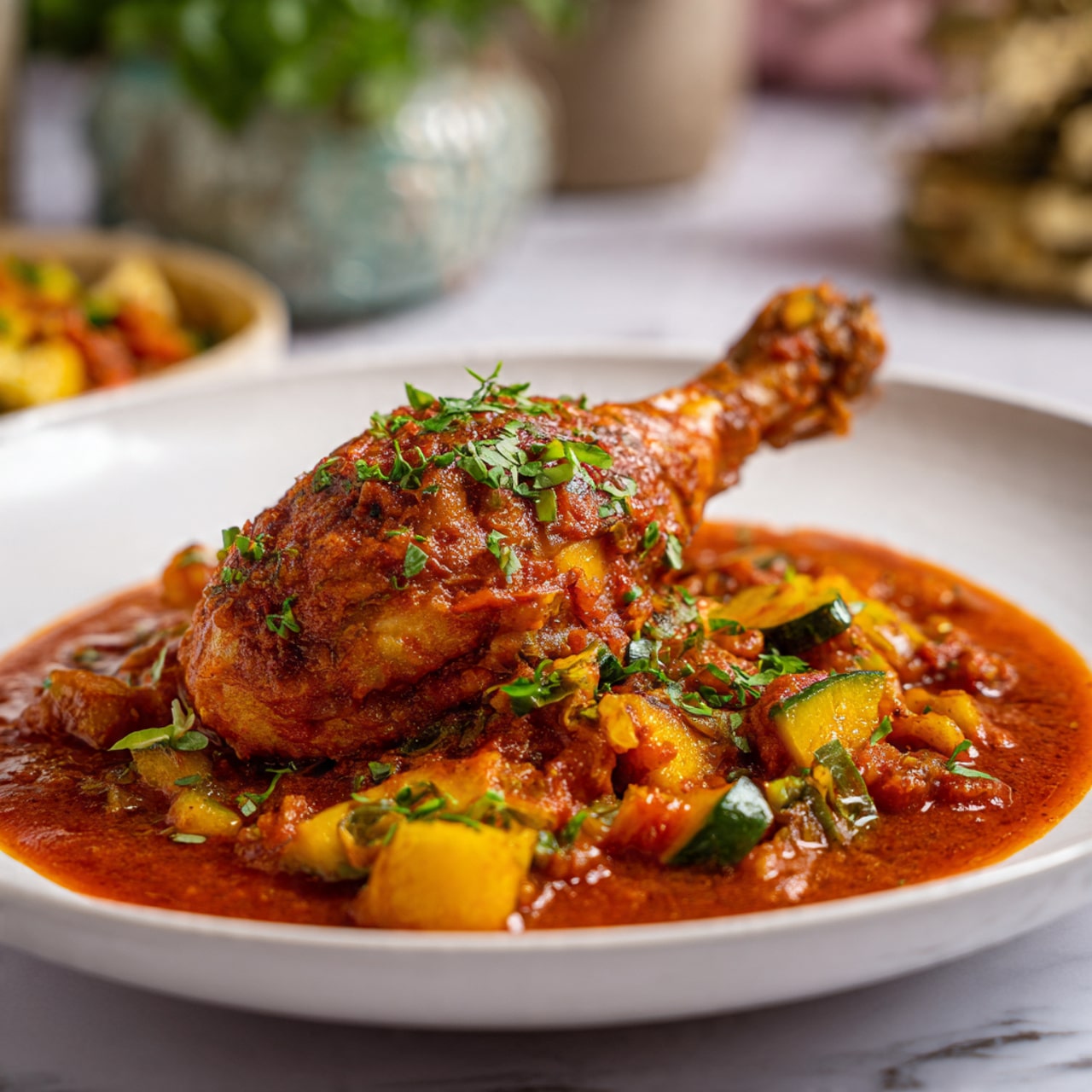 The dish shows one chicken drumstick sitting on top of a bed of thick red sauce with chunky orange and yellow vegetable pieces spread evenly around it on a white plate. The sauce looks smooth and shiny, covering the vegetables partly, and fresh green herbs are sprinkled on top of the drumstick and sauce for a pop of color. The plate rests on a white marbled surface with blurred background items giving a cozy feel. Photo taken with an iphone --ar 4:5 --v 7