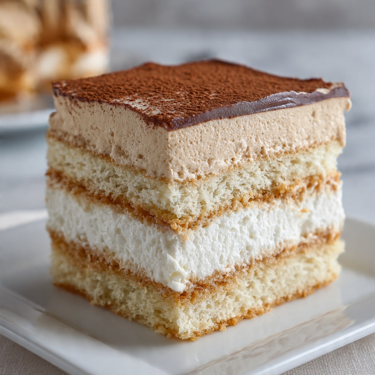The image shows a close-up of a dessert slice with four visible layers stacked on a white square plate on a white marbled surface. The bottom and third layers are light, spongy cake with a pale golden color and airy texture. The second and fourth layers are creamy, thick, and light brown, looking smooth but slightly textured. The top layer is thin and dark brown, smooth with a glossy finish. The background is softly blurred with a hint of another dish. Photo taken with an iphone --ar 4:5 --v 7