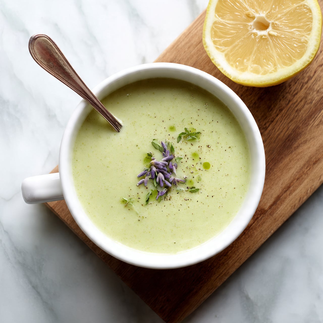 A white bowl filled with smooth, pale green soup is shown from above, with a small spoon resting inside the bowl on the left side. The soup has a few small green herb pieces and a purple herb garnish floating in the center. To the right of the bowl, half a lemon with visible seeds lies on a wooden surface. The background is a white marbled texture. Photo taken with an iphone --ar 4:5 --v 7
