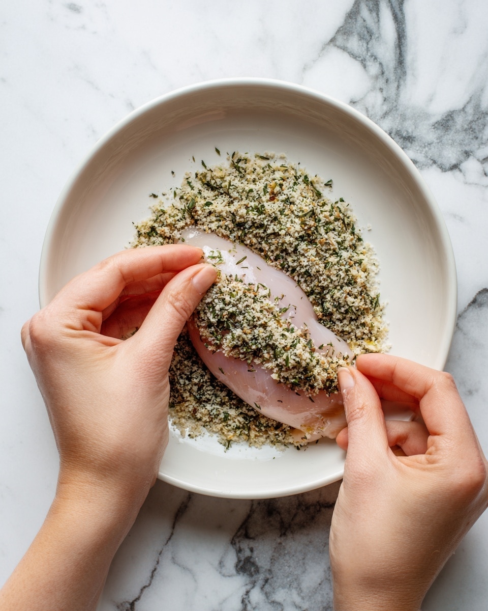 A close-up of two woman's hands holding a raw chicken breast over a white plate filled with a light crumb mixture mixed with chopped green herbs. The chicken breast has a pale pink color with some white bits on top, and the crumb layer underneath is rough and grainy with green flecks scattered throughout. The plate sits on a white marbled surface with gray and black veins. photo taken with an iphone --ar 4:5 --v 7