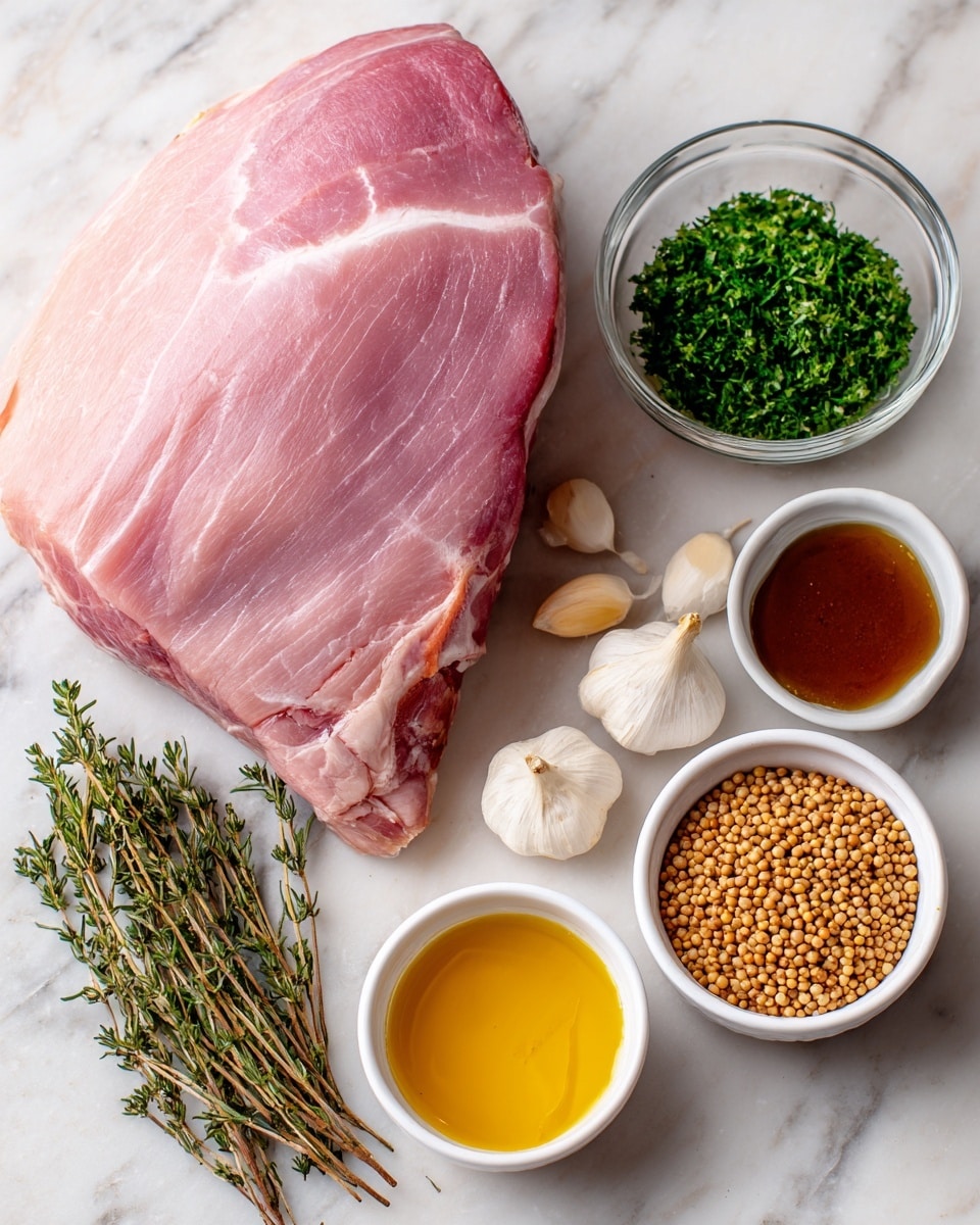 A large pink ham with a visible bone takes up most of the left side, showing smooth and slightly fibrous texture with light marbling. Above the ham is a small clear glass bowl with bright green chopped herbs. To the right of the bowl are three light beige garlic cloves and a small bundle of dark green rosemary and thyme sprigs. On the right side, there are three small white bowls: one with smooth yellow mustard, one with a rich brown liquid honey, and one with grainy brown mustard seeds. All items are arranged on a white marbled surface. Photo taken with an iphone --ar 4:5 --v 7