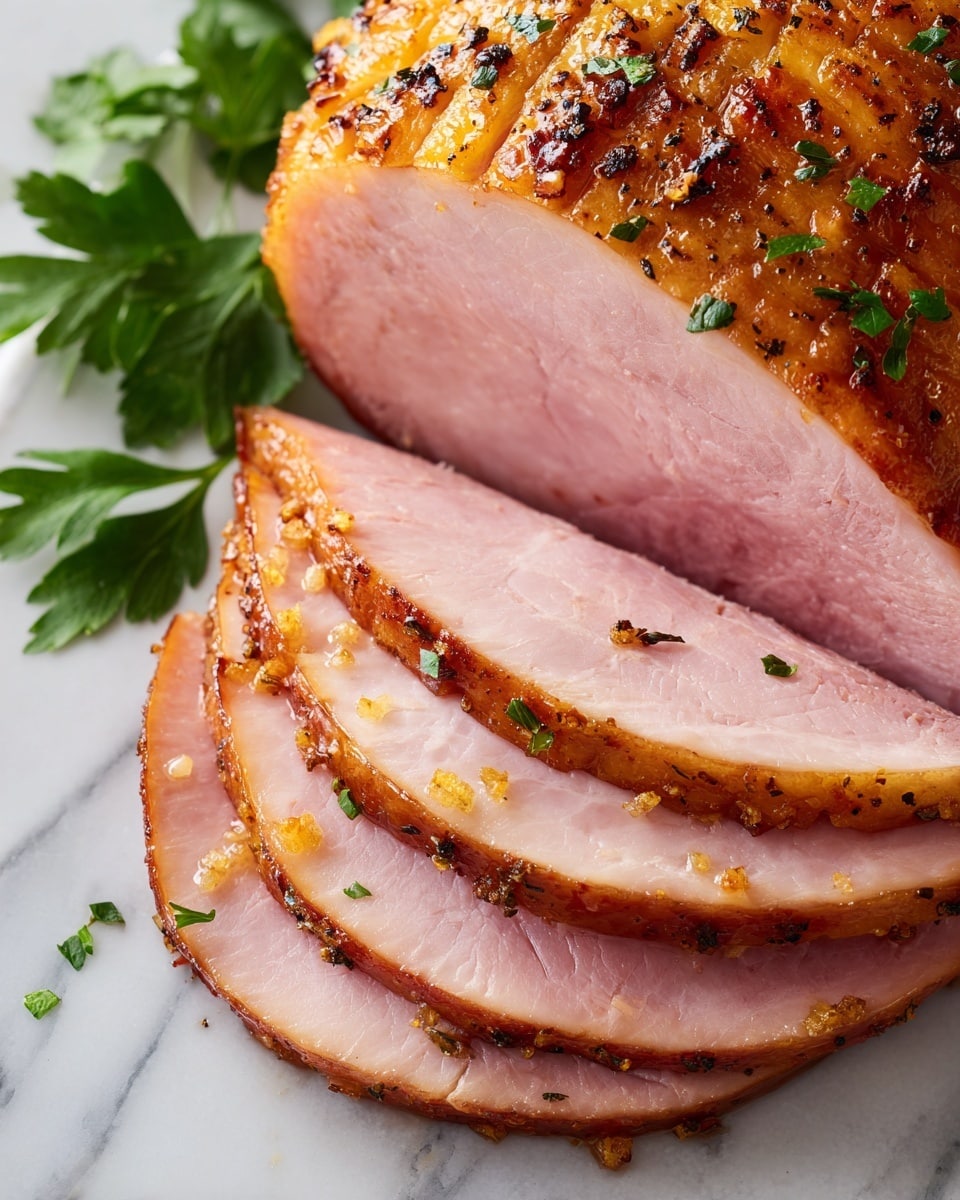 A close-up view of a roasted ham with several thin slices cut and arranged in front. The ham's outer layer is golden brown with a slightly crispy texture and scattered herbs, while the inside is light pink and tender. The slices have a glossy surface with hints of seasoning and small bits of herbs. Some green parsley leaves lay next to the ham on a white marbled surface. photo taken with an iphone --ar 4:5 --v 7