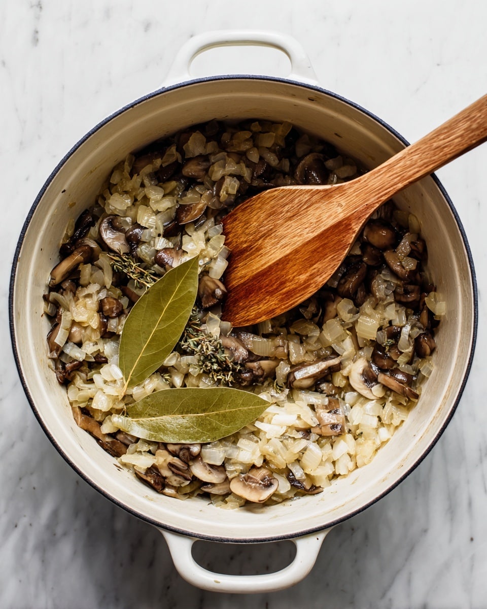 A white pot filled with two main layers of cooked ingredients: the bottom layer shows browned, soft onions in off-white and light tan shades, while mixed throughout are sliced mushrooms in dark brown and beige tones. There are two dry bay leaves resting on top near the center. A wooden spoon with a smooth light brown texture is placed inside the pot, angled towards the right side on top of the mixture. The pot sits on a white marbled surface. photo taken with an iphone --ar 4:5 --v 7