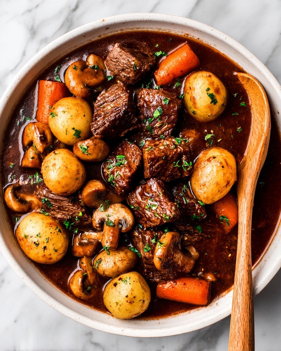 This image shows a stew with several layers of ingredients in a white bowl. The top layer has browned beef pieces with a textured surface, golden small potatoes with a smooth skin, large orange carrot chunks, and sliced brown mushrooms. These are all coated with a shiny, rich dark brown sauce that fills the bowl. The dish is sprinkled with small bits of bright green herbs. A light brown wooden spoon is partially inside the stew on the right side. The bowl is set on a white marbled surface. photo taken with an iphone --ar 4:5 --v 7