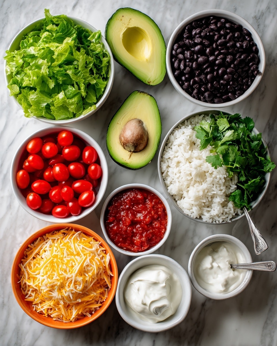 A top view of seven white bowls and a halved avocado arranged on a white marbled surface. The top left bowl contains green leafy lettuce, next to it on the right is a bowl filled with black beans. Below the beans, a halved avocado with its seed showing sits beside a large white bowl full of mixed white rice and green cilantro, with a silver spoon inside. To the left of the rice bowl, there is a smaller bowl of bright red cherry tomatoes, and below it a bowl of bright red salsa. On the bottom left, an orange bowl holds shredded cheddar cheese, and beside the lettuce bowl, a small white bowl contains white sour cream. The colors are fresh and vibrant. Photo taken with an iphone --ar 4:5 --v 7