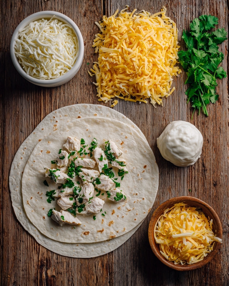 A white tortilla lies flat in the center with pieces of cooked white chicken sprinkled with chopped green herbs on top. Next to it is another plain white tortilla, and below them is a soft white lard ball. Above the tortillas, there are two piles of shredded yellow cheese arranged side by side on a rustic wooden surface. To the top left, there is a white bowl filled with shredded white cheese, and to the right side, a small wooden bowl holds more shredded yellow cheese. In the top right corner, a small bunch of fresh green cilantro rests on the wooden surface. Photo taken with an iphone --ar 4:5 --v 7