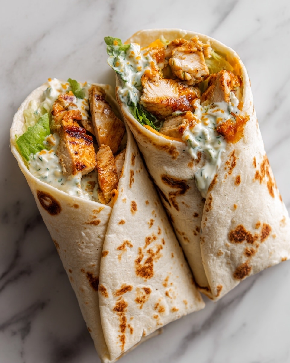 The image shows two folded wraps lying side by side on a white marbled surface. Each wrap is filled with layers of lightly browned, grilled pieces of chicken mixed with creamy white sauce that is thick and speckled with herbs. Strands of melted orange cheese are visible inside, blending with the sauce and chicken. The tortilla wraps are white with toasted brown spots, slightly crisp on the outside, and the filling is generously stuffed near the open ends of the wraps. The photo taken with an iphone --ar 4:5 --v 7