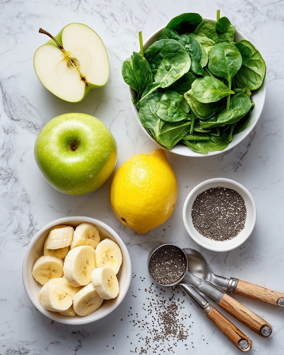 The image shows ingredients arranged on a white marbled surface. There is a white bowl filled with fresh green spinach leaves at the top center and a smaller white bowl with mixed leafy greens to the right. On the left side of the image, a green apple is cut in half, showing its white inside and seeds. Near the bottom left, a white bowl holds slices of banana layered neatly. Two halves of a bright yellow lemon are placed in the center. To the right of the lemon, a set of metal measuring spoons with wooden handles lie flat, with one spoon filled with black and white chia seeds, some spilling slightly on the surface. The overall look is fresh and clean with vibrant greens, yellows, and natural textures. photo taken with an iphone --ar 4:5 --v 7