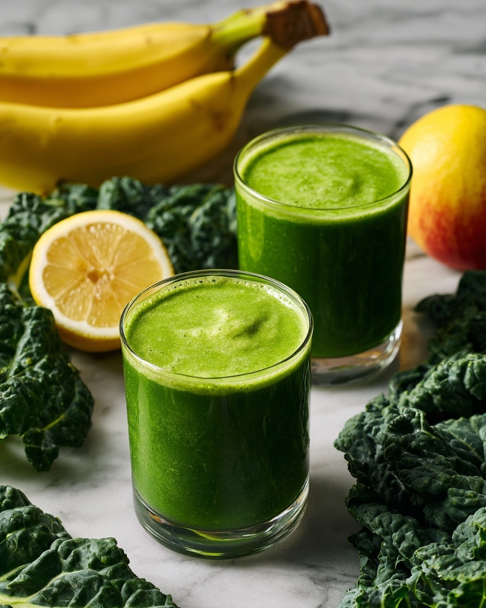 Two clear round glasses, each filled with a thick, bright green smoothie showing a smooth texture on top. The glasses sit on a white marbled surface surrounded by fresh green leaves of kale and spinach. Behind the glasses, there is a bright yellow half lemon and a whole lemon placed near some green celery leaves. To the left, there is a bunch of yellow bananas and a red apple, adding a touch of color contrast to the scene. The lighting is natural, making the colors of the fruits, leaves, and smoothie stand out clearly. Photo taken with an iphone --ar 4:5 --v 7