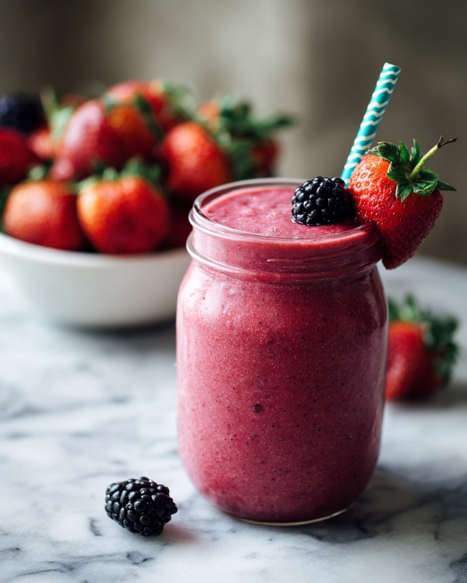 A thick, deep pink smoothie fills a clear glass jar with a blue-green striped straw sticking out of the top. On the rim, there is a fresh red strawberry and a small dark blackberry sitting side by side. In the background, a white bowl filled with more strawberries is slightly blurred. The scene rests on a white marbled surface. Photo taken with an iphone --ar 4:5 --v 7