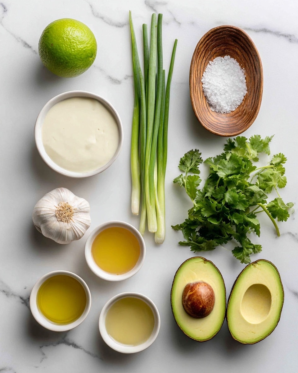 The image shows various fresh ingredients arranged on a white marbled surface. On the top left, there is a whole lime, next to it is a small white bowl filled with a creamy white sauce. Below the lime and bowl, there are three green onion stalks placed vertically. To the right of the green onions, a small white bowl contains a light golden liquid, and above it, an oval wooden bowl has coarse white salt. In the lower section, there is a whole garlic bulb with one clove separated. Three other small white bowls hold different clear golden and yellow liquids. To the right of the garlic and bowls, there is a large bunch of fresh green cilantro, and next to it, two halves of a ripe avocado with one half showing the seed and the other hollow. photo taken with an iphone --ar 4:5 --v 7