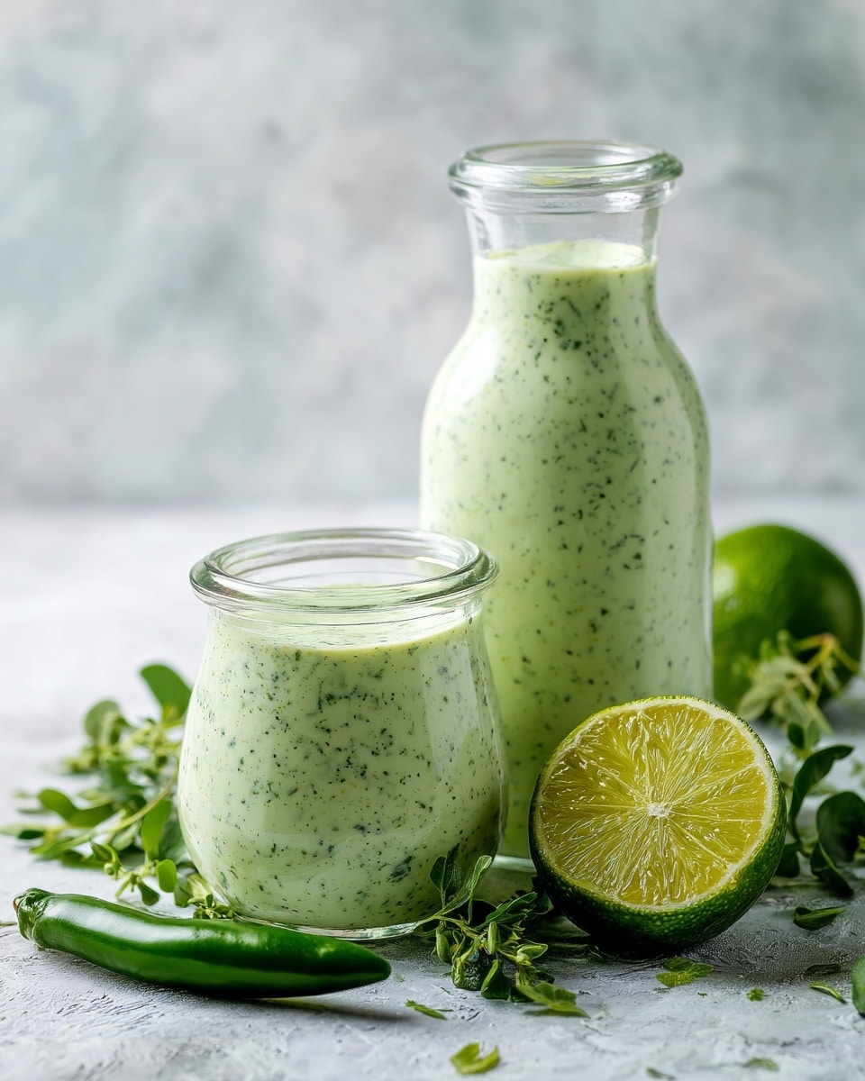 Two glass jars filled with a creamy, light green sauce with tiny dark green specks sit on a white marbled surface. One jar is taller and rounder, placed slightly behind a shorter, wider jar. In front of the jars, there is a halved lime with a bright green rind and pale green inside, lying on the marbled surface. A whole green chili and some leafy green herbs are scattered around the jars and lime, adding a fresh touch to the scene. The background is a white marbled texture. photo taken with an iphone --ar 4:5 --v 7