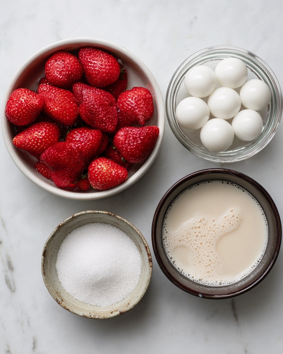 The image shows four bowls on a white marbled surface. The largest bowl on the left is white and filled with bright red strawberries that have a smooth, shiny texture, arranged in one layer. To the right is a clear glass bowl containing round, white ice spheres in one layer. Below the ice bowl is a small, rustic bowl with white granulated sugar, showing a soft and fine texture, in one layer. On the far right, there is a dark-rimmed bowl filled with light beige milk or cream with small bubbles on the surface, forming one smooth layer. Photo taken with an iphone --ar 4:5 --v 7