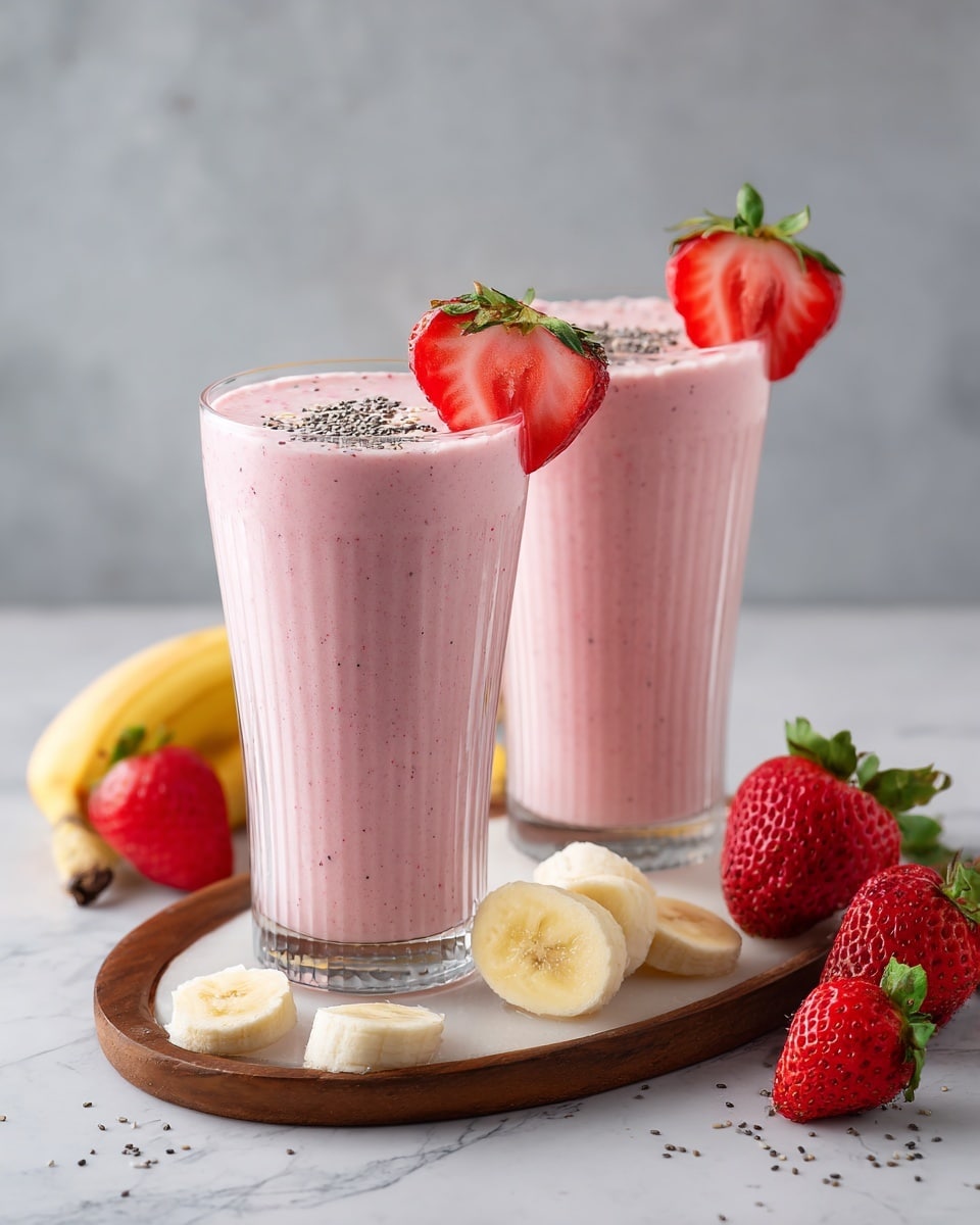 Two tall clear ribbed glasses filled with a light pink smoothie, each topped with one slice of red strawberry, one banana slice, and sprinkled with small black chia seeds. One glass has a half strawberry with green stem placed on its rim. The glasses are placed on a white marbled surface, with one glass resting on a small wooden oval tray. Surrounding the glasses are whole red strawberries and peeled banana slices. Photo taken with an iphone --ar 4:5 --v 7
