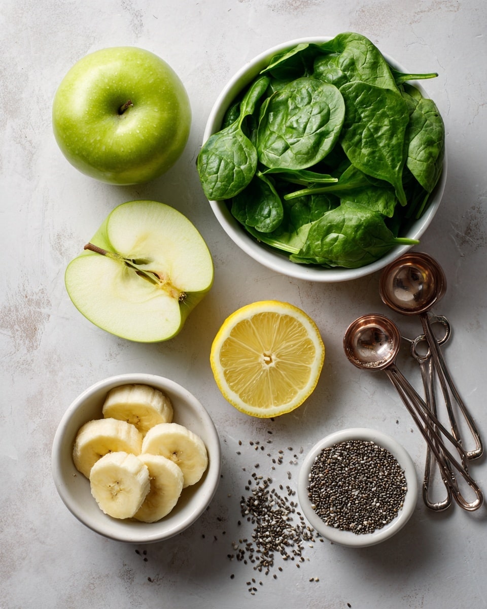 The image shows a flat white marbled surface with fresh ingredients arranged on it. On the top left, there is a half green apple showing the creamy inside and seeds. In the top center, a white bowl is filled with bright green fresh spinach leaves. To the right, a smaller white bowl contains more leafy greens with rich textures. Near the center, there are two halves of a bright yellow lemon placed next to each other. At the bottom left, a white bowl holds slices of pale yellow banana with a soft texture. Scattered in the middle right is a small pile of black and white chia seeds, with some spilling from a small metallic measuring spoon. Next to the chia seeds are four metal measuring spoons stacked together, some with copper handles. The whole scene is bright, fresh, and clean. photo taken with an iphone --ar 4:5 --v 7