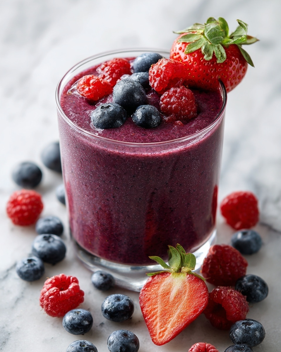 A clear glass filled with a thick, bright purple smoothie, topped with fresh berries including red raspberries, dark blue blueberries, and a halved strawberry showing its red inside and green leaves, all placed on a white marbled surface with a few berries scattered around. Photo taken with an iphone --ar 4:5 --v 7